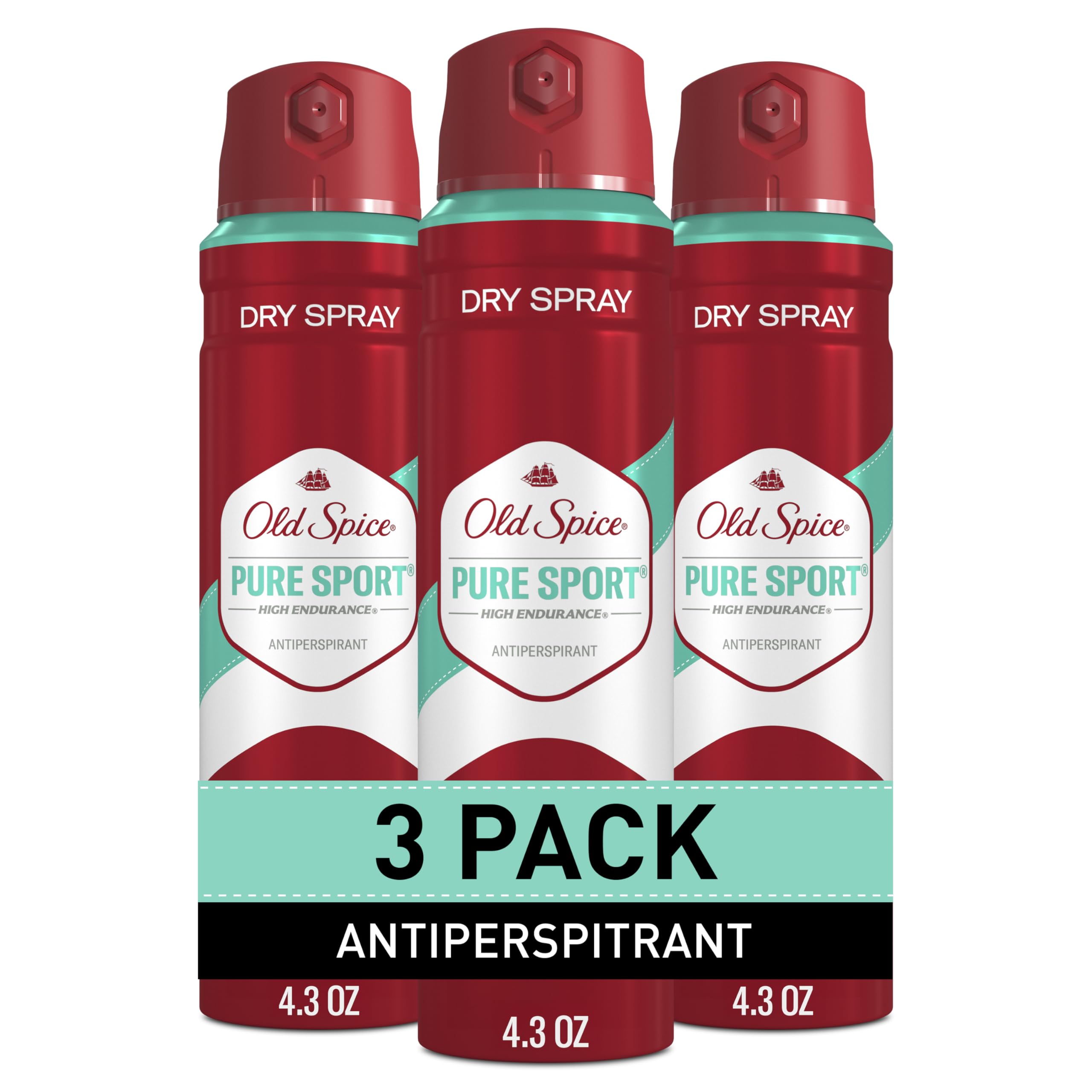 Old Spice Pure Sport dry spray bottle showing long-lasting protection for daily wear.