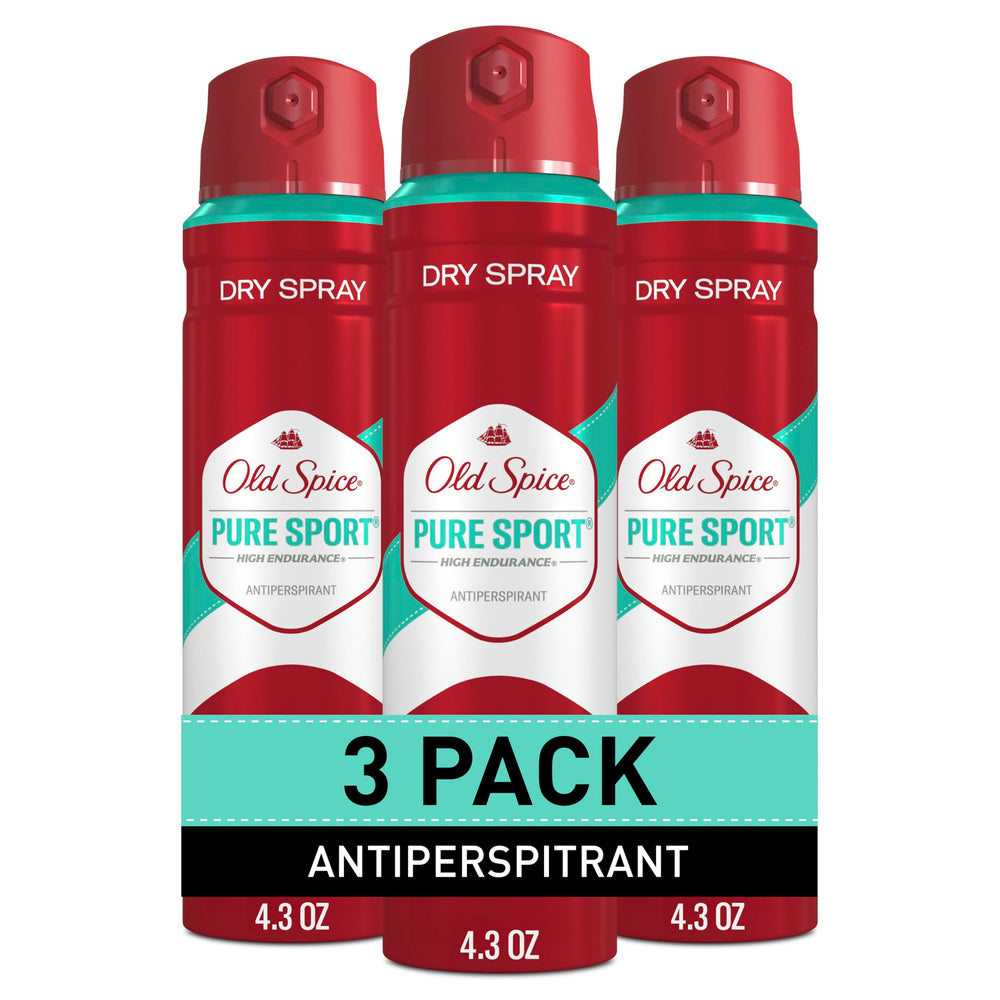 Old Spice Pure Sport dry spray bottle showing long-lasting protection for daily wear.