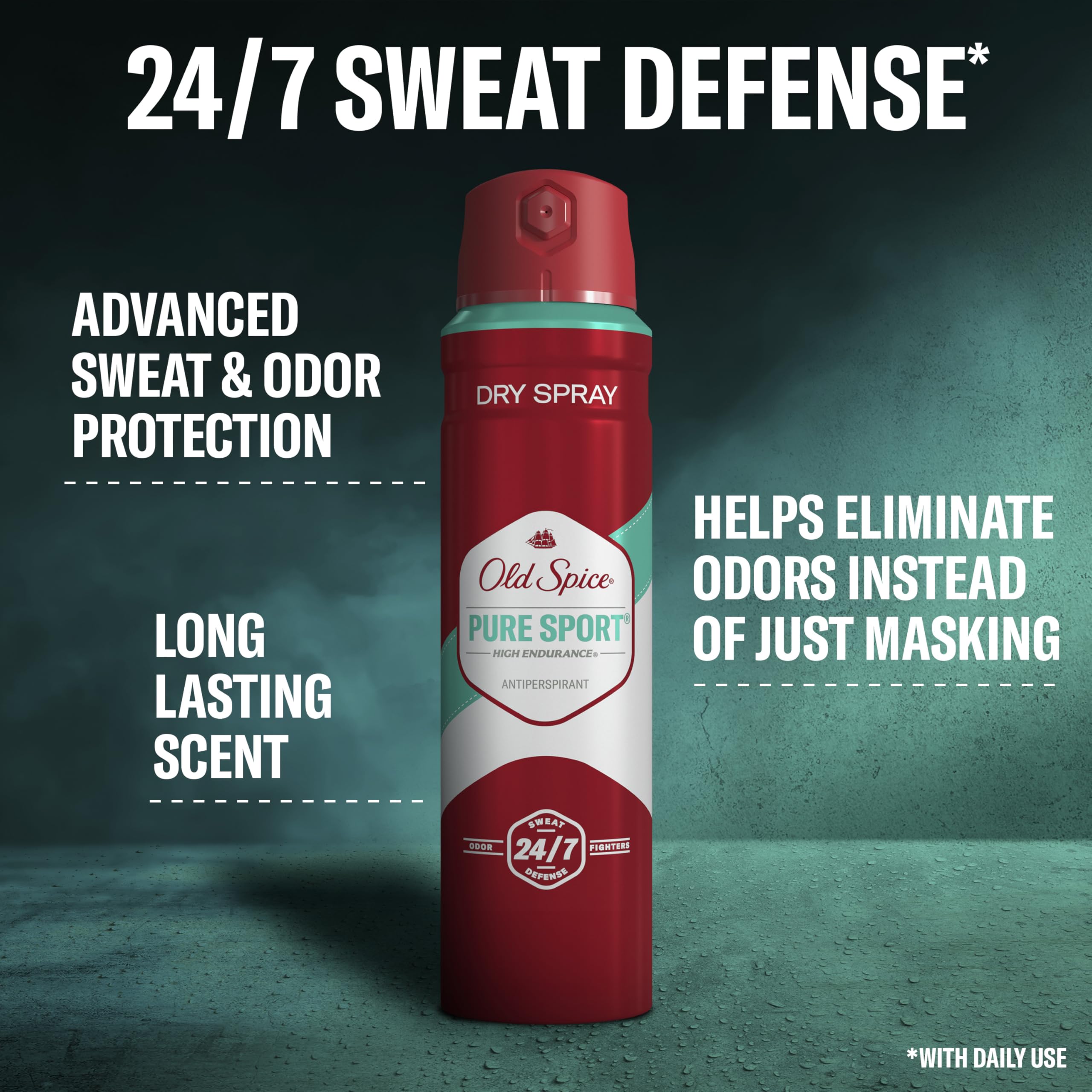 Old Spice Pure Sport spray being dispensed for fast, dry application.