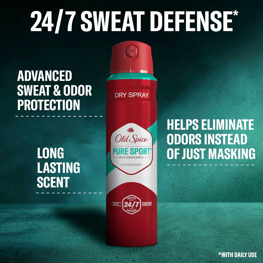 Old Spice Pure Sport spray being dispensed for fast, dry application.