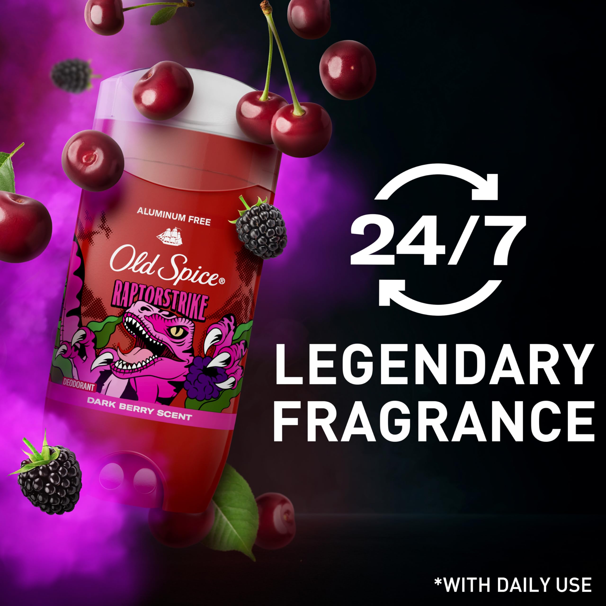 Old Spice RaptorStrike dark berry scented bottle highlights bold fragrance.