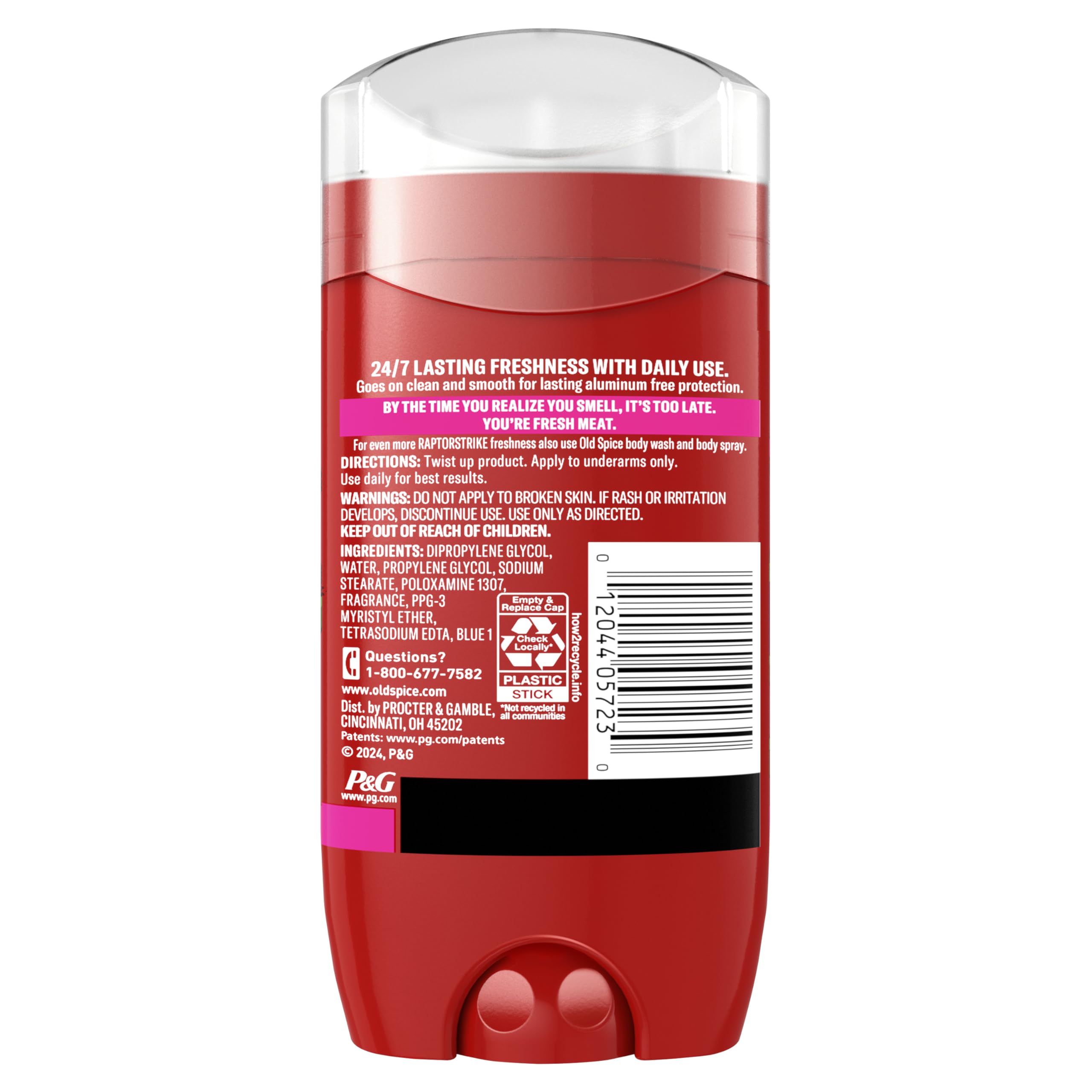Old Spice RaptorStrike deodorant in use, lasting fragrance cues.