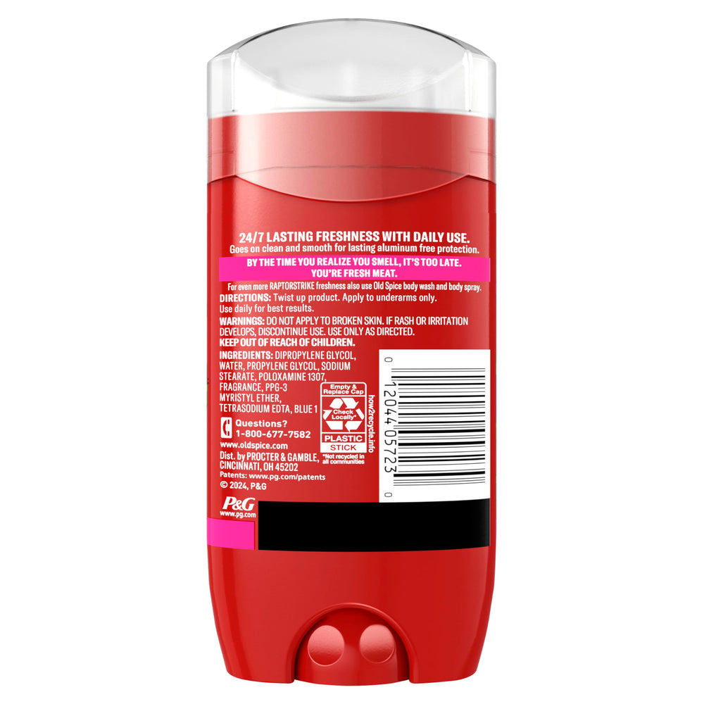 Old Spice RaptorStrike deodorant in use, lasting fragrance cues.