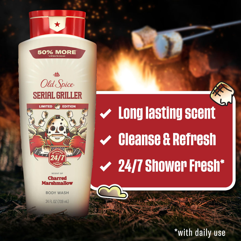 Old Spice Serial Griller bottle squeeze releases creamy lather.