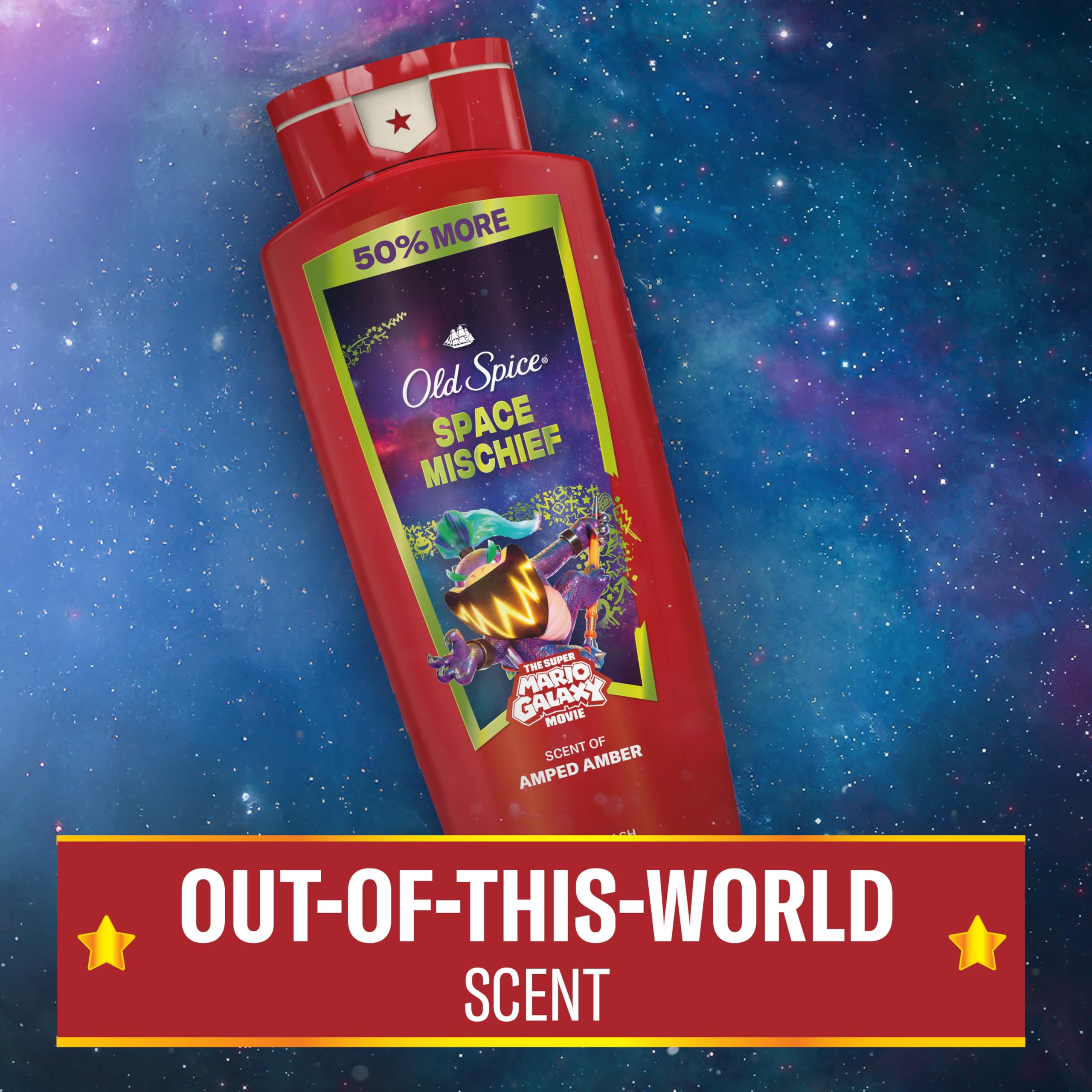 Old Spice Space Mischief 24 oz bottle on bathroom shelf.