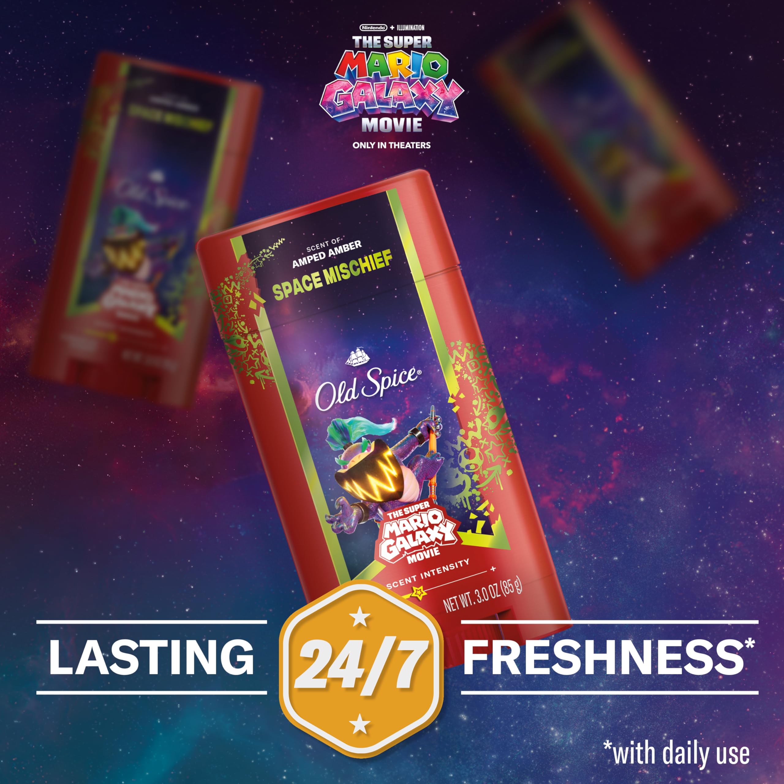 Old Spice Space Mischief deodorant stick promoting 24/7 freshness