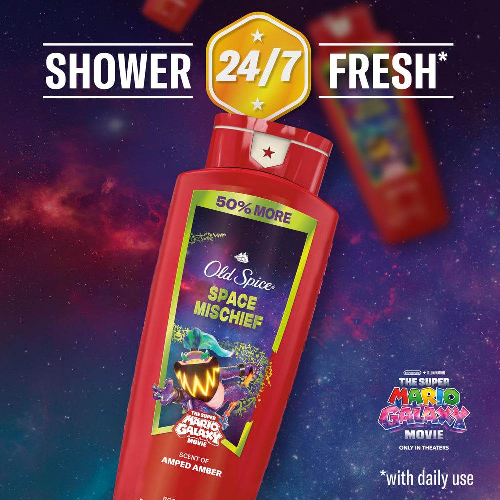 Old Spice Space Mischief splash on skin signals refreshing shower.