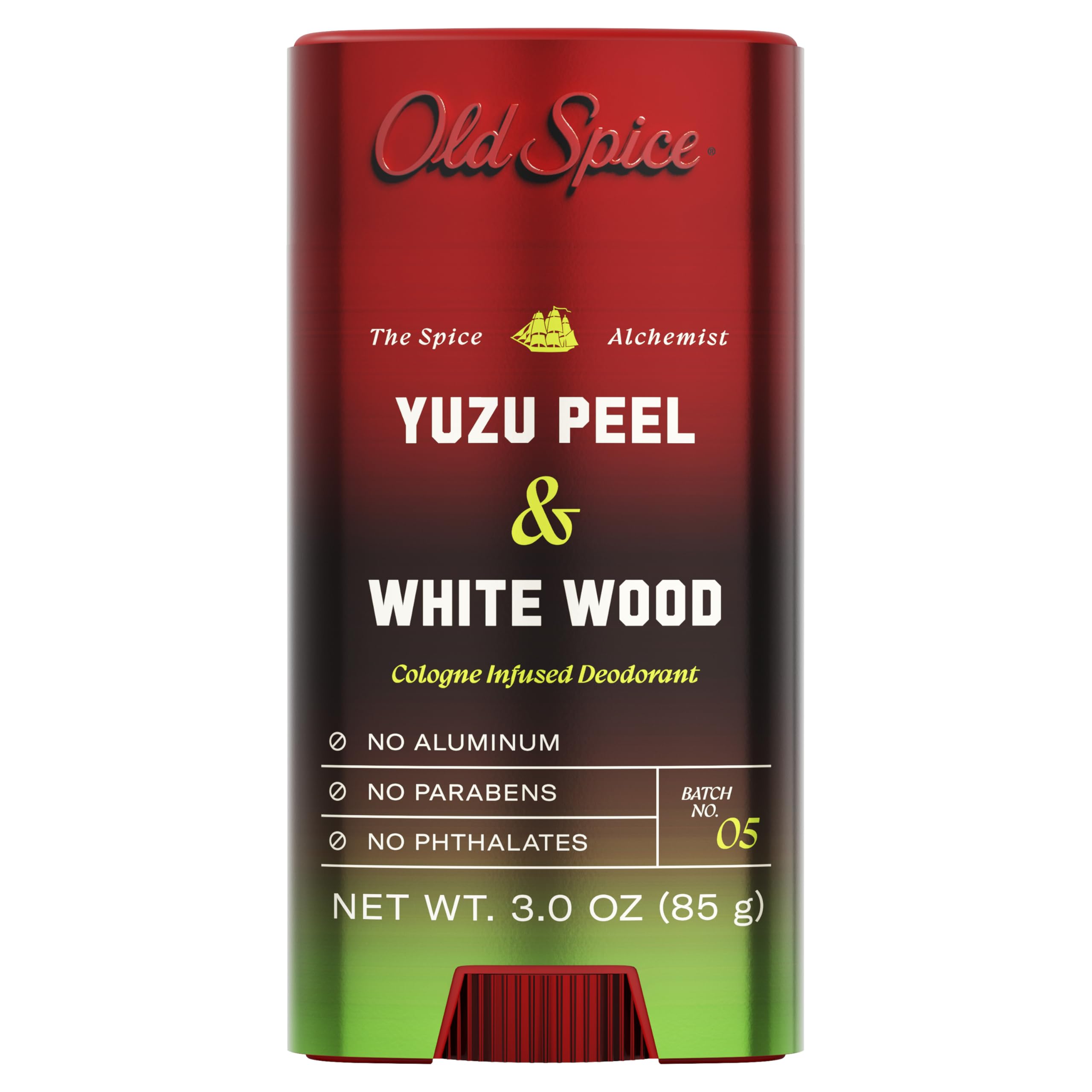 Old Spice Spice Alchemist deodorant bottle with Yuzu Peel White Wood for daily freshness.
