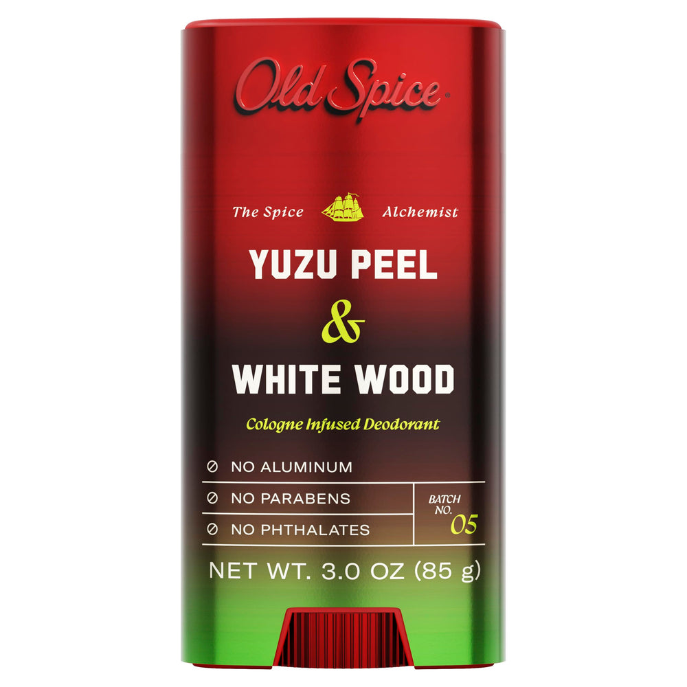 Old Spice Spice Alchemist deodorant bottle with Yuzu Peel White Wood for daily freshness.