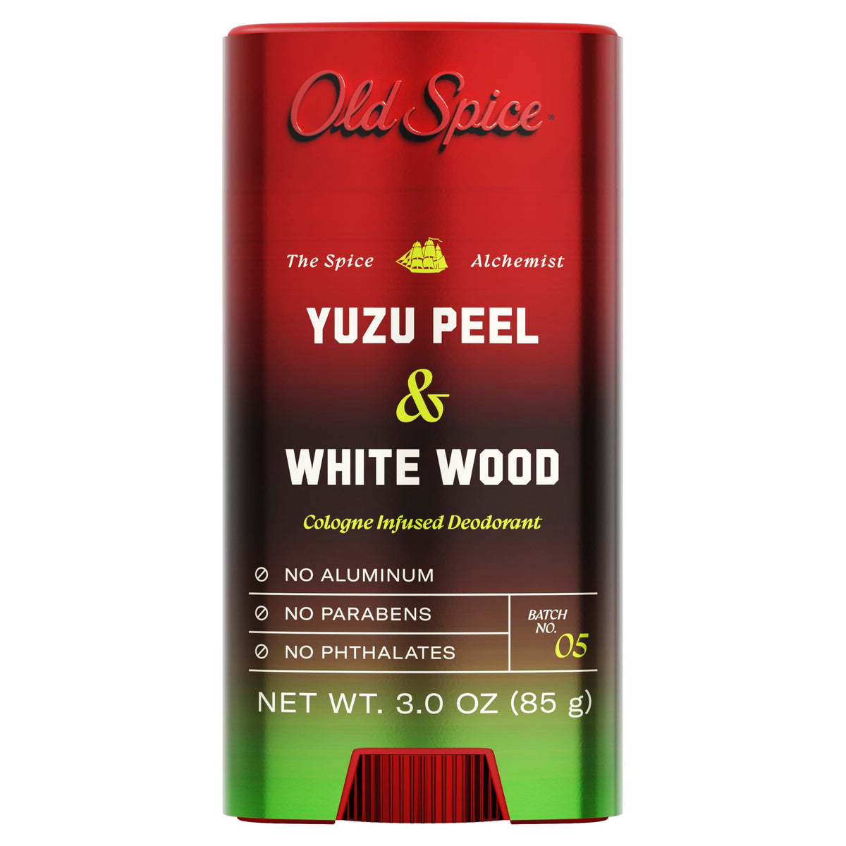Old Spice Spice Alchemist deodorant bottle with Yuzu Peel White Wood for daily freshness.