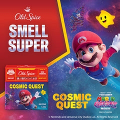 Old Spice Super Mario Galaxy collab packaging on display.