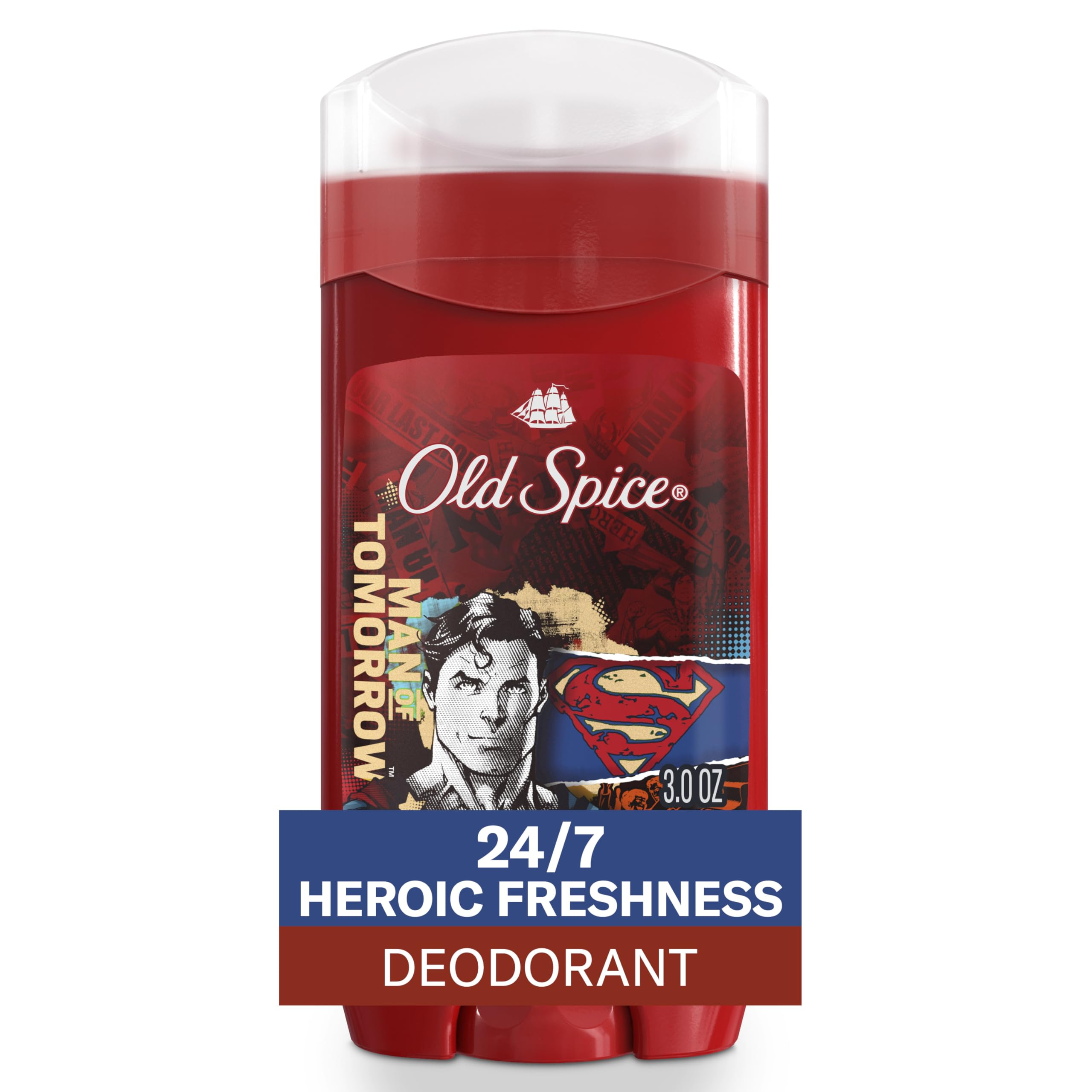 Old Spice Superman aluminum-free deodorant stick delivering lasting freshness.