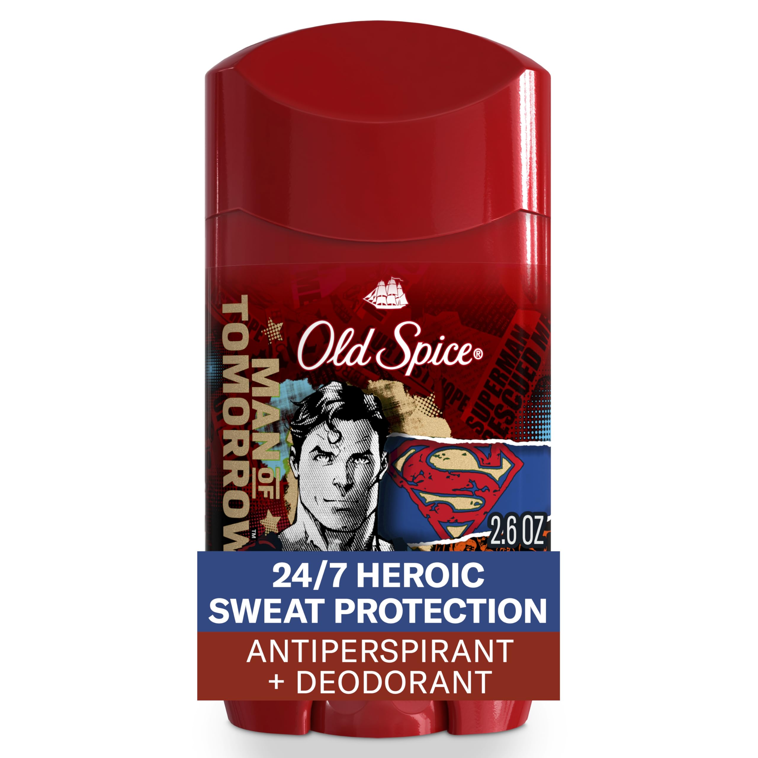 Old Spice Superman antiperspirant stick provides invisible, all-day protection.