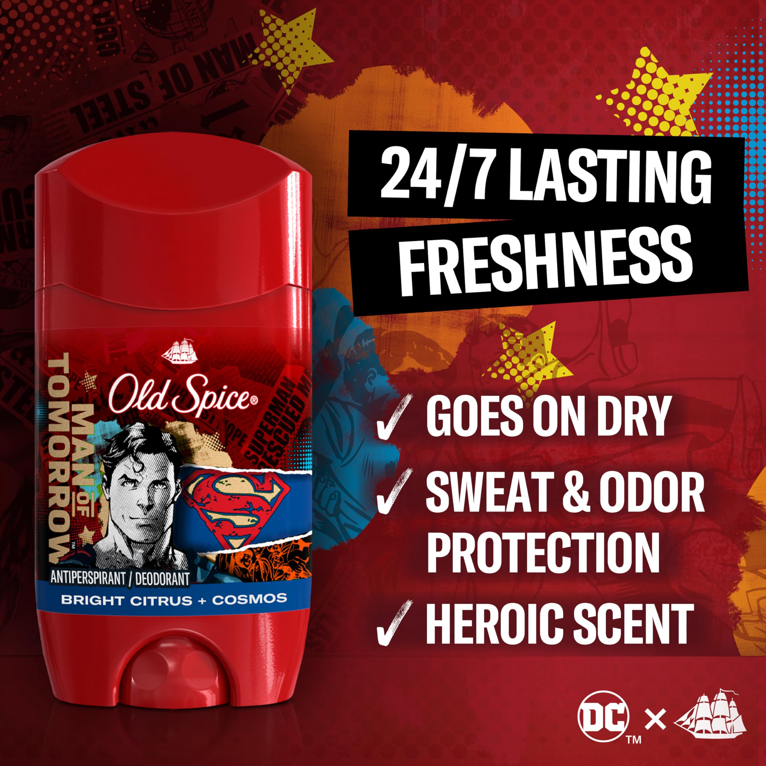 Old Spice Superman Bright Citrus and Cosmos scent bottle for long-lasting fragrance.