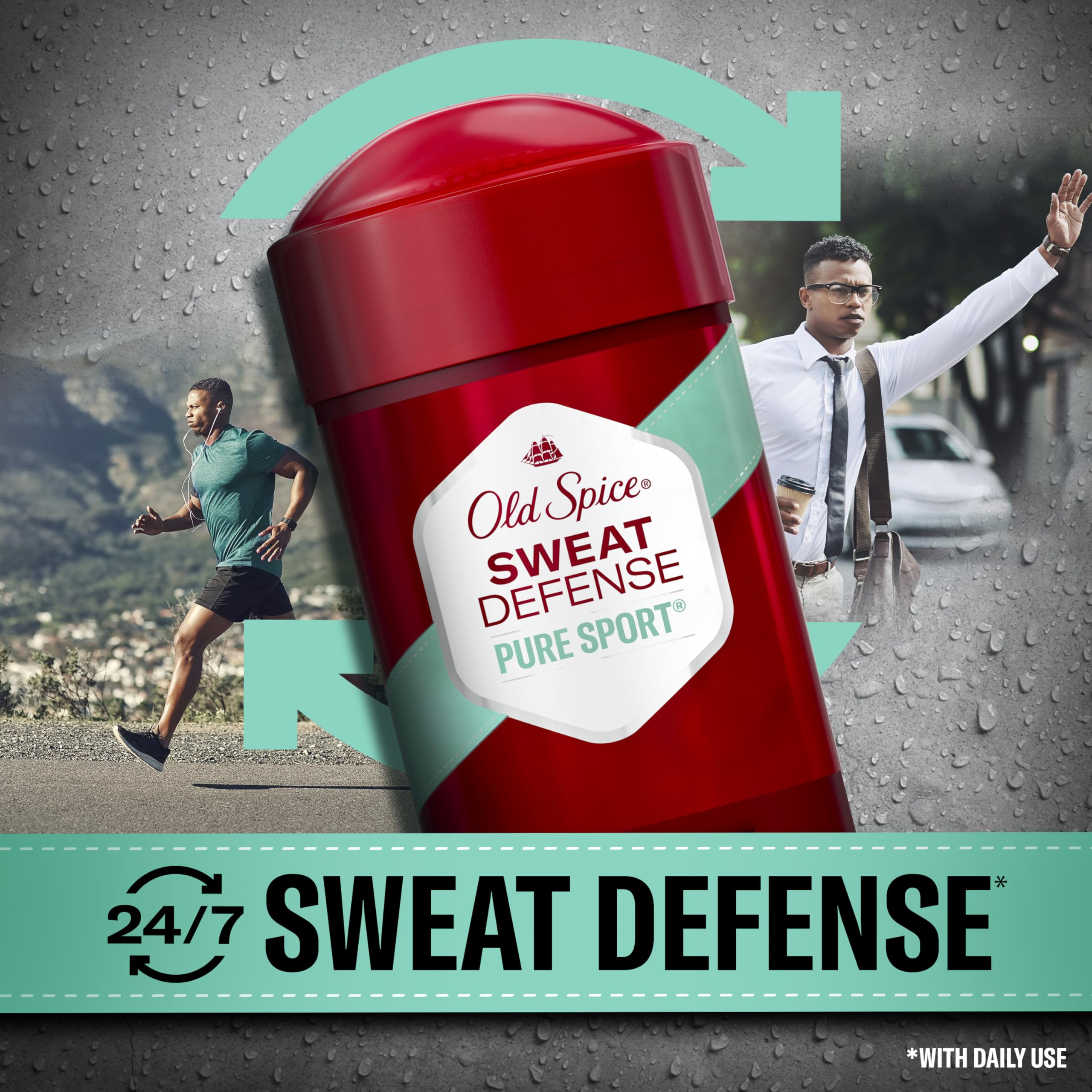 Old Spice Sweat Defense Soft Solid 24/7 protection graphic for all-day confidence