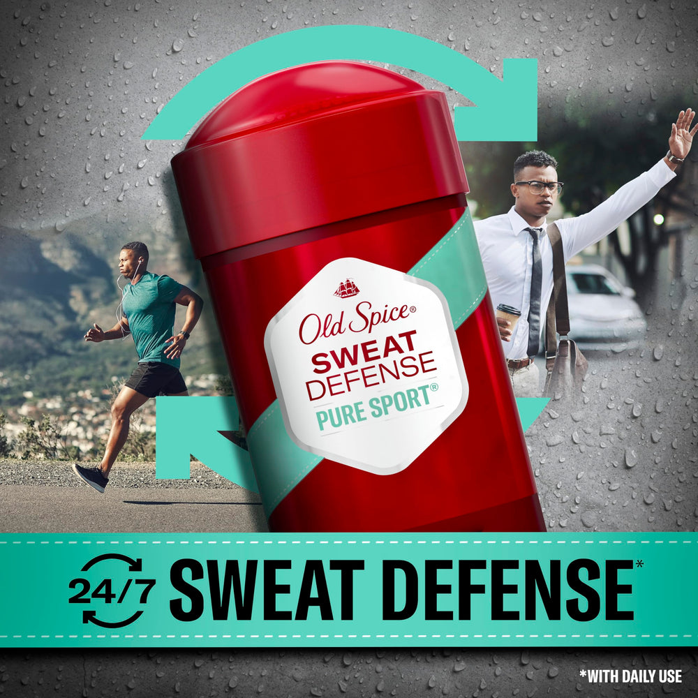 Old Spice Sweat Defense Soft Solid 24/7 protection graphic for all-day confidence