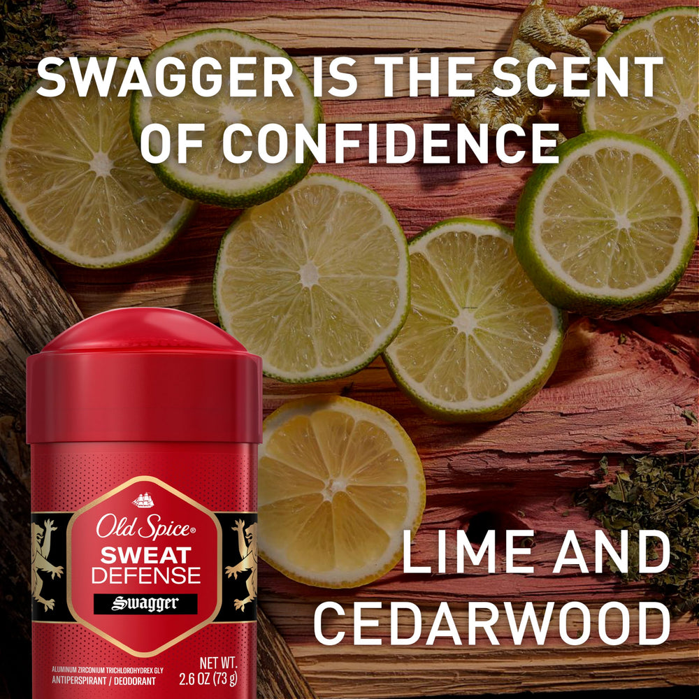 Old Spice Sweat Defense 2.6 oz container sits on a bathroom counter.
