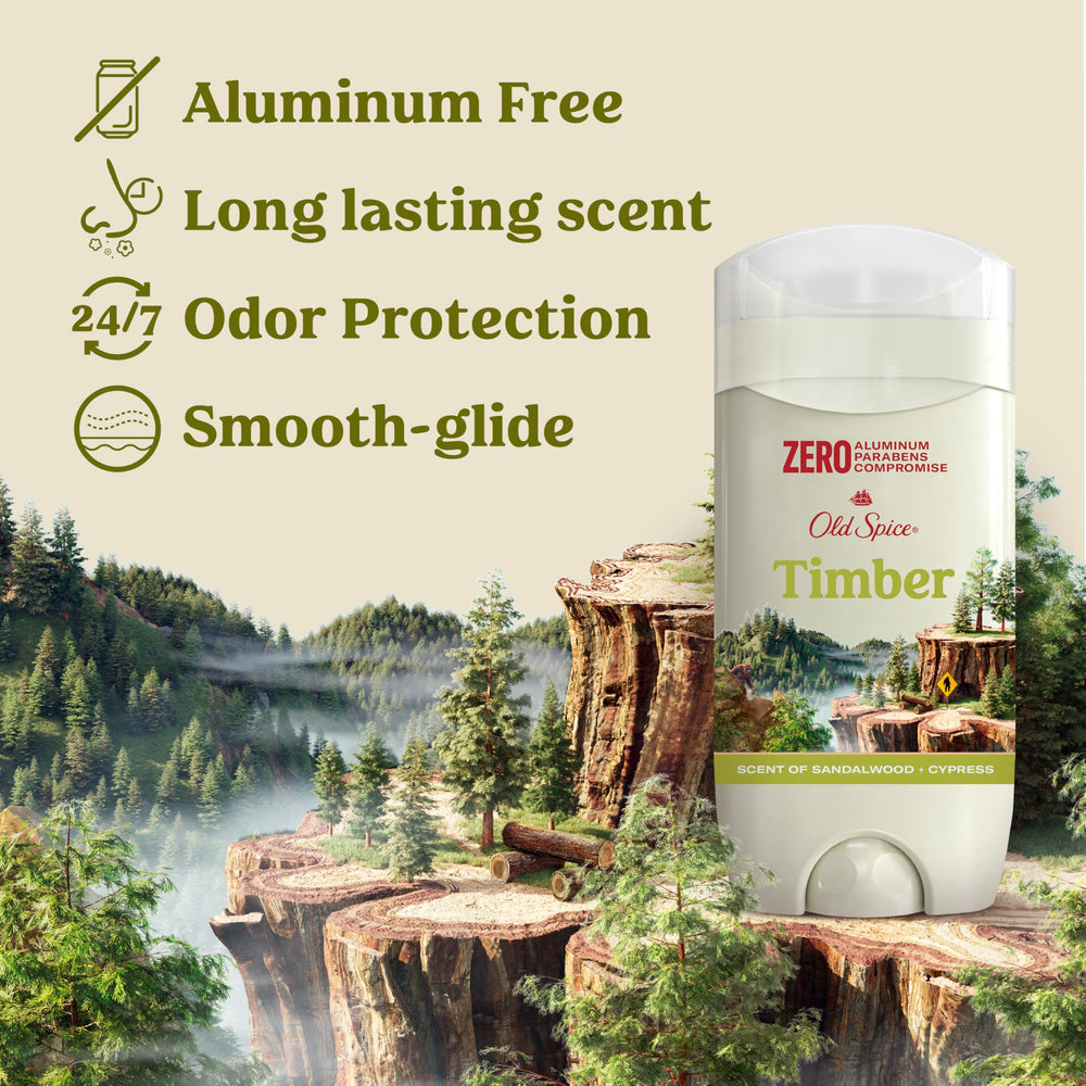 Old Spice Timber sandalwood note highlights a masculine, fresh scent.