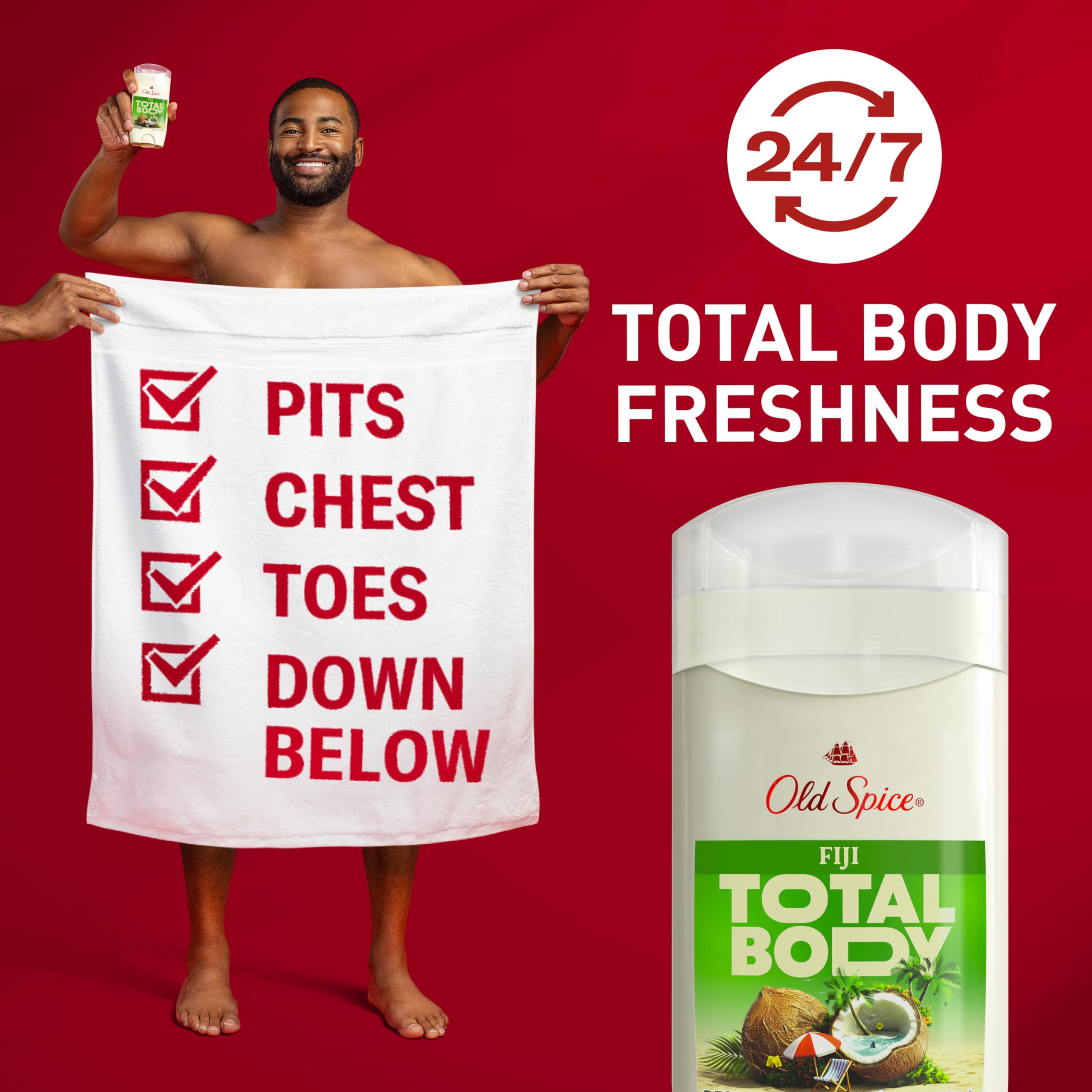 Applying Old Spice Fiji deodorant on underarms and chest for daily freshness.