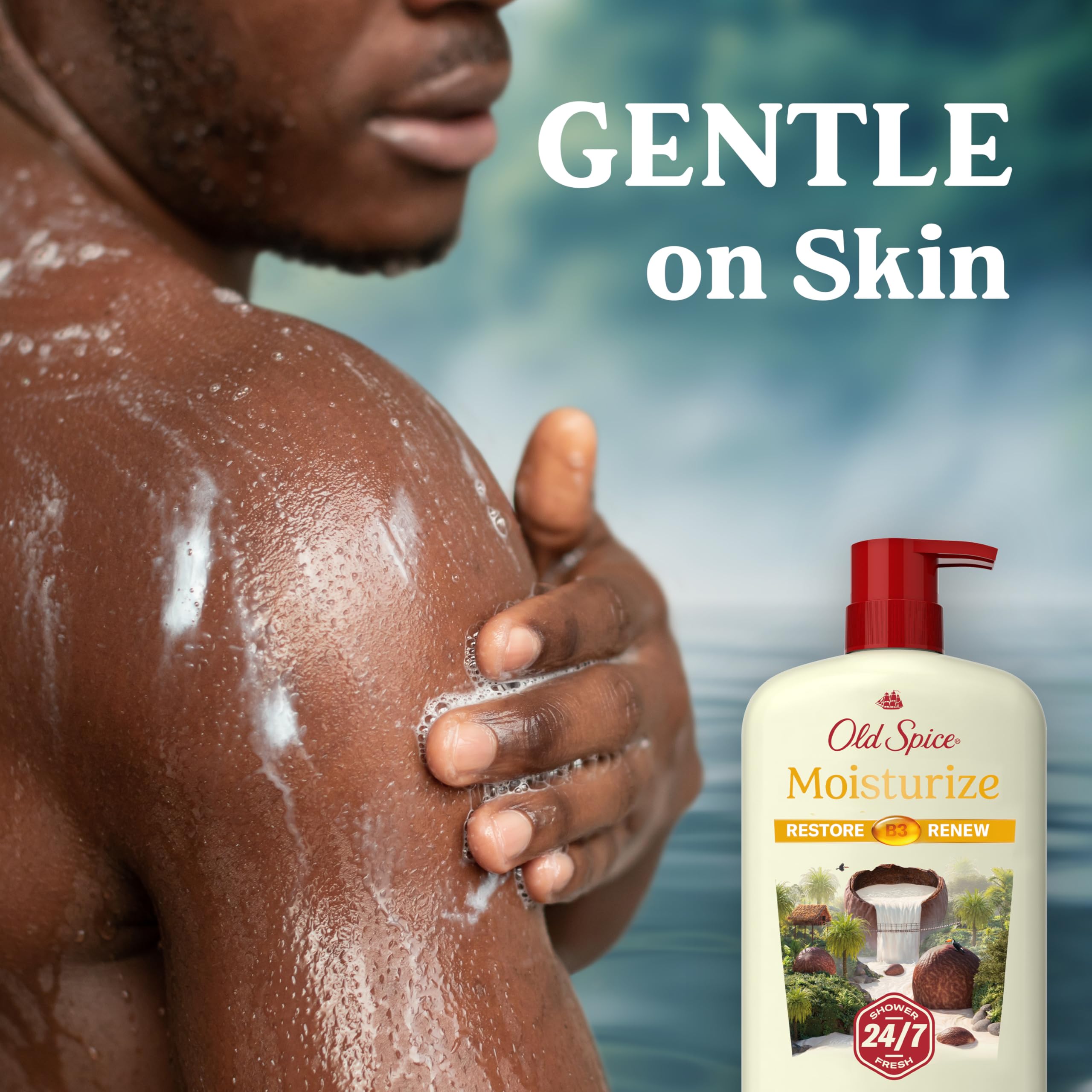 Old Spice wet skin refresh demonstrates gentle cleansing for all skin types