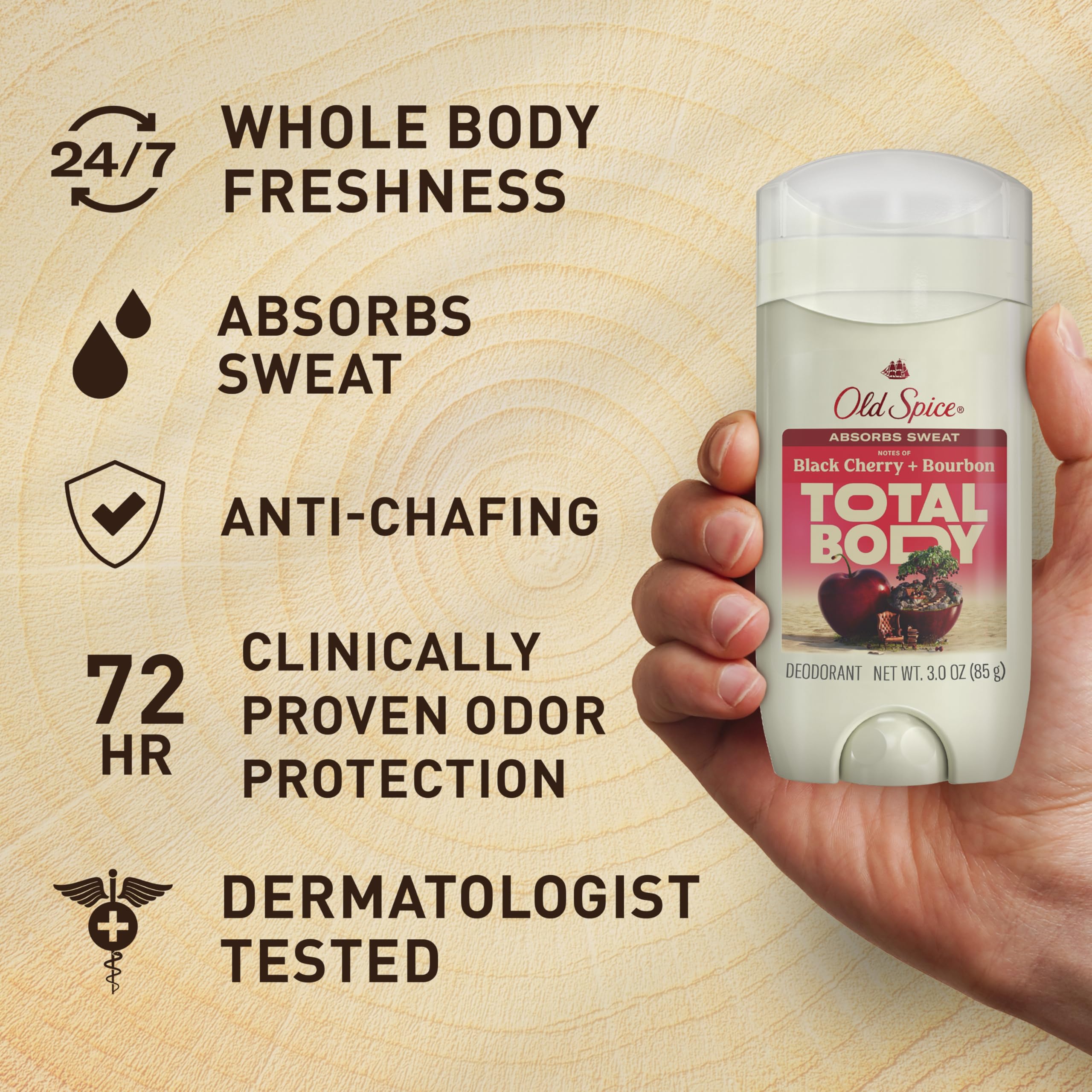 Old Spice Black Cherry + Bourbon scent delivers long-lasting freshness.
