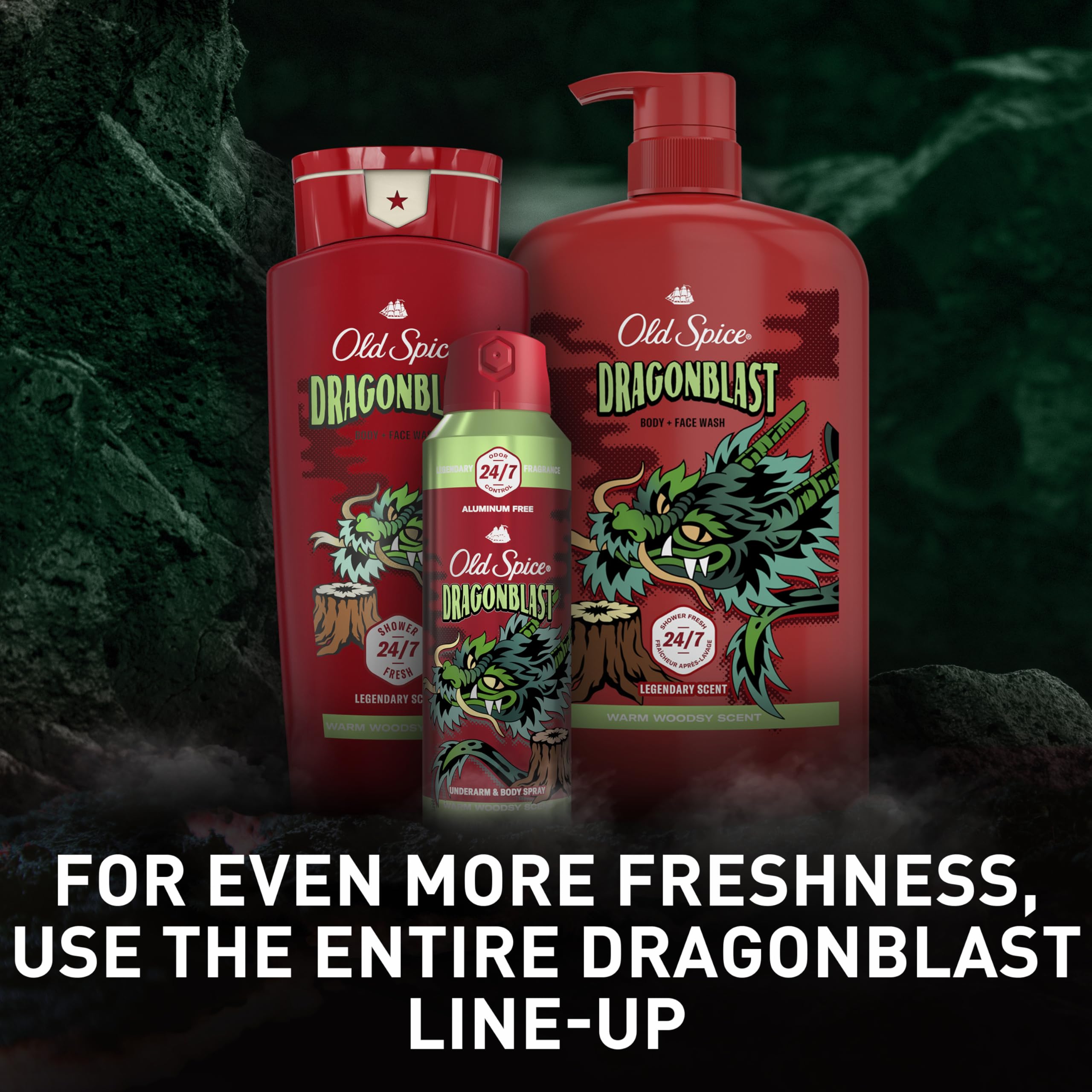 Old Spice Wild Collection logo with Dragonblast branding enhances brand recognition.