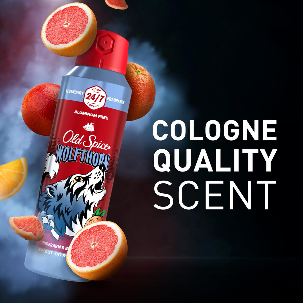 Old Spice Wolfthorn bottle angled shot highlights a refreshing scent presence