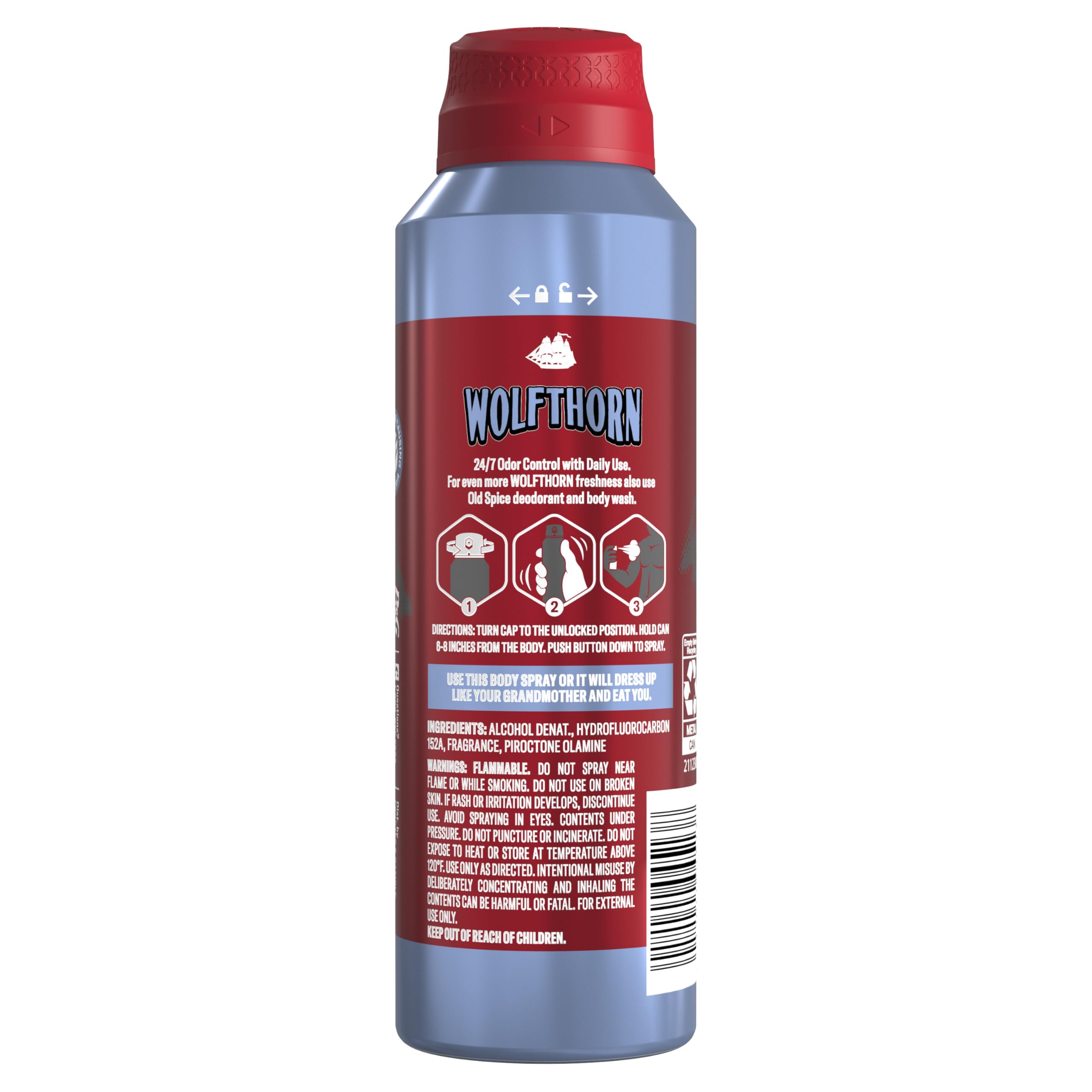Old Spice Wolfthorn bottle back view reveals usage tips and ingredient notes