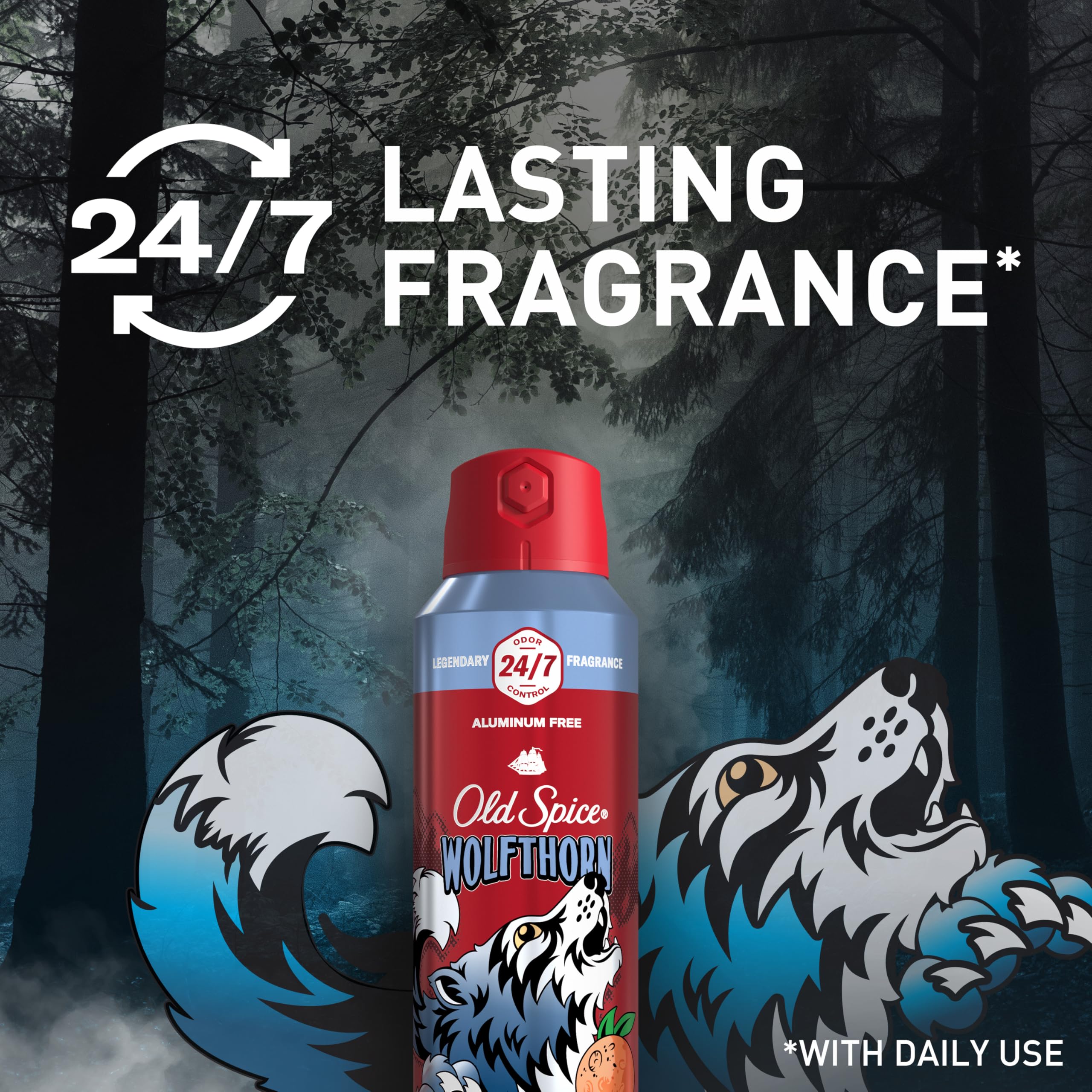 Old Spice Wolfthorn packaging front displays bold branding and odor protection messaging