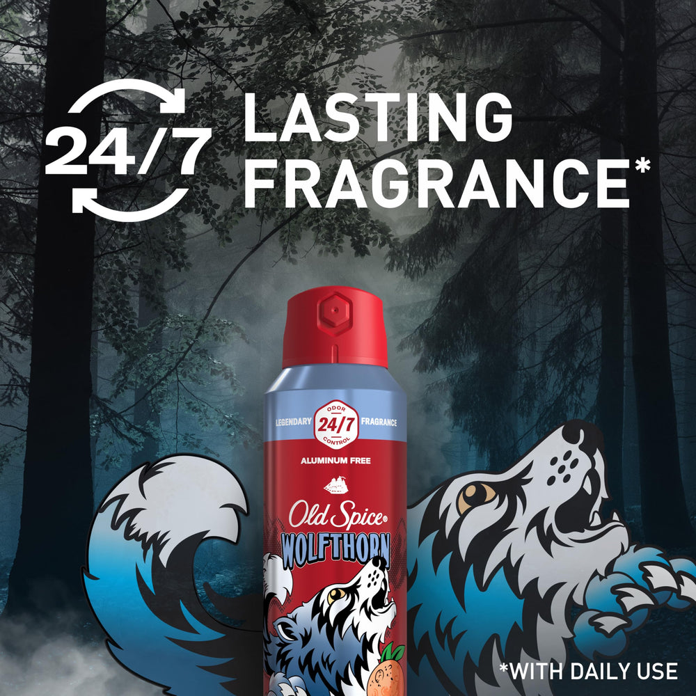 Old Spice Wolfthorn packaging front displays bold branding and odor protection messaging