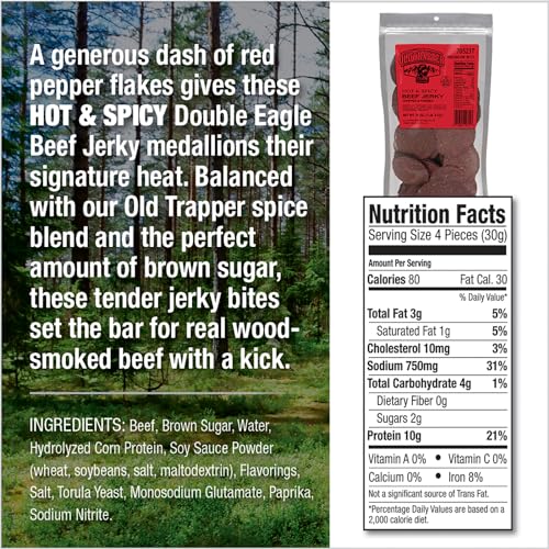 Old Trapper Double Eagle hot spicy jerky bites closeup highlighting lean beef and vibrant heat.