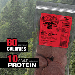 Old Trapper Double Eagle Hot Spicy jerky packaging view shows clear bag and generous portions.