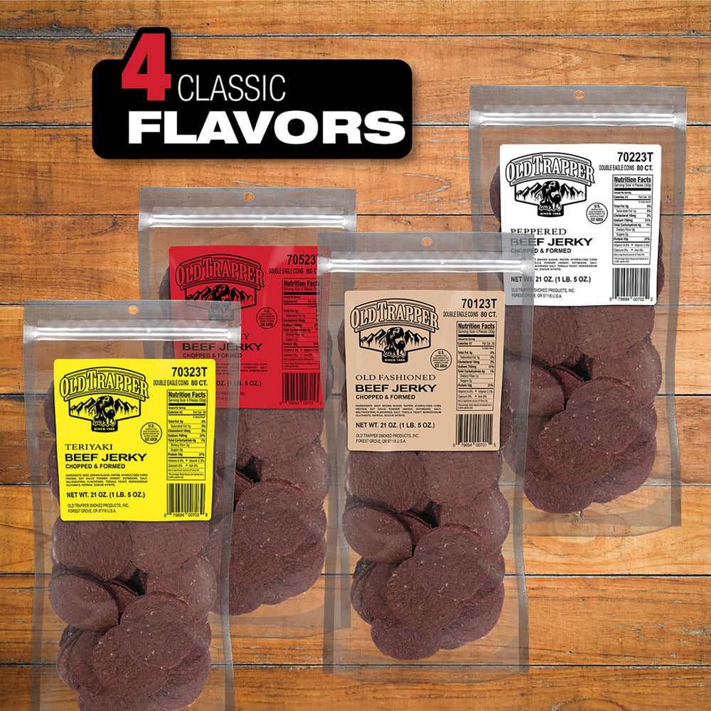 Old Trapper Double Eagle hot spicy smoked meat snacks on display suggests portable protein.