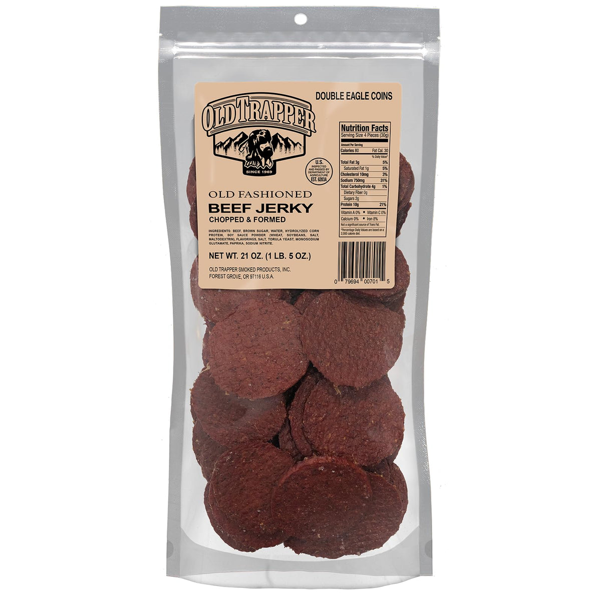 Old Trapper Double Eagle jerky in 21 oz bulk packaging for easy sharing
