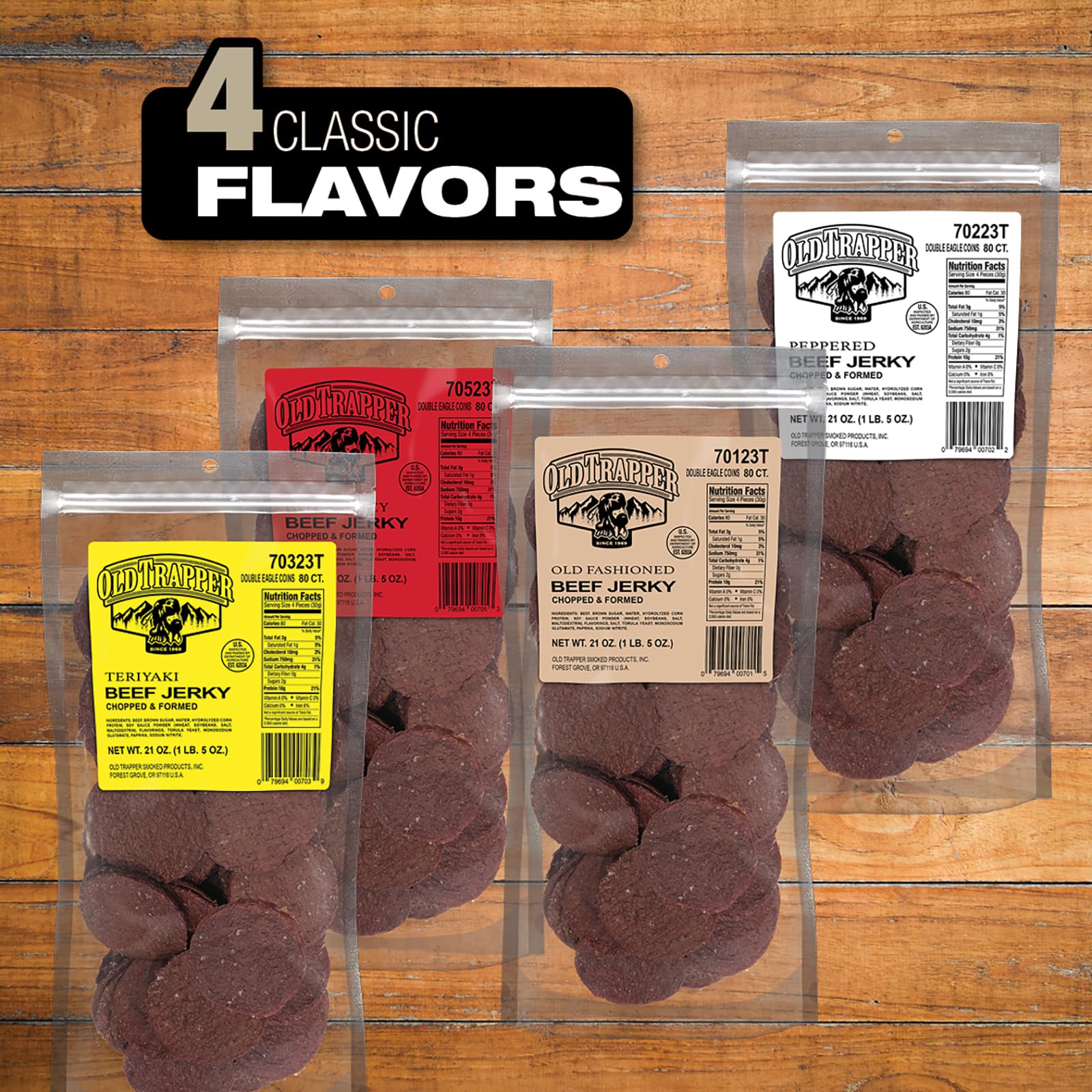 Old Trapper Double Eagle jerky smoked with real wood for savory notes