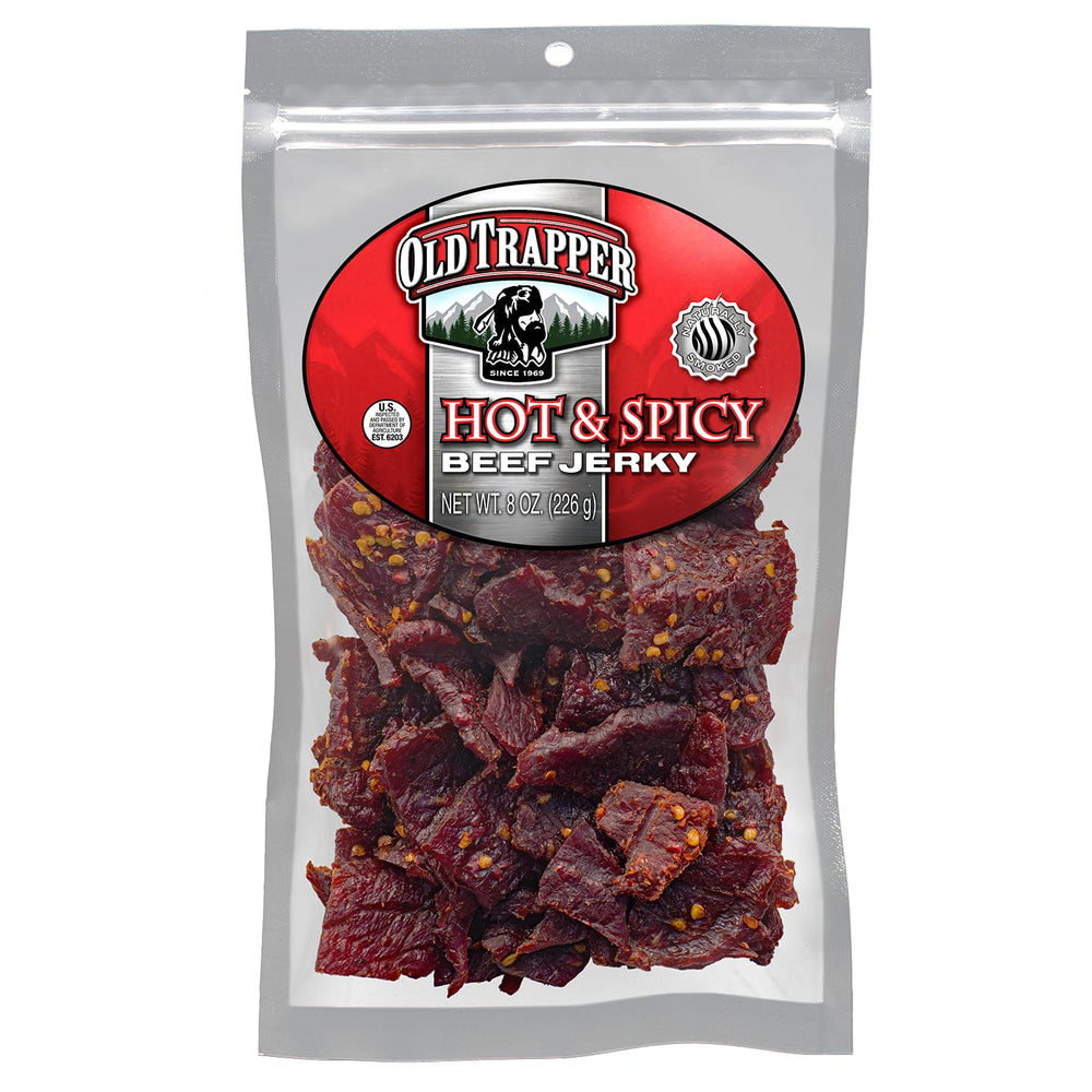 Old Trapper Hot & Spicy beef jerky 8oz pack close-up showing bold heat.