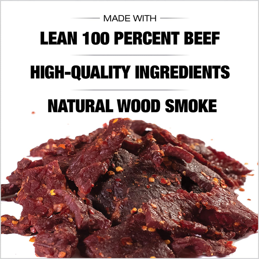 Old Trapper hot spicy jerky in travel-friendly 8-ounce bag for lunches.