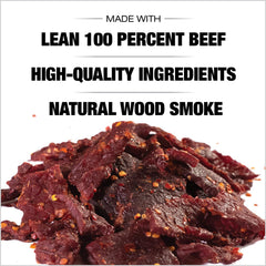 Old Trapper hot spicy jerky in travel-friendly 8-ounce bag for lunches.