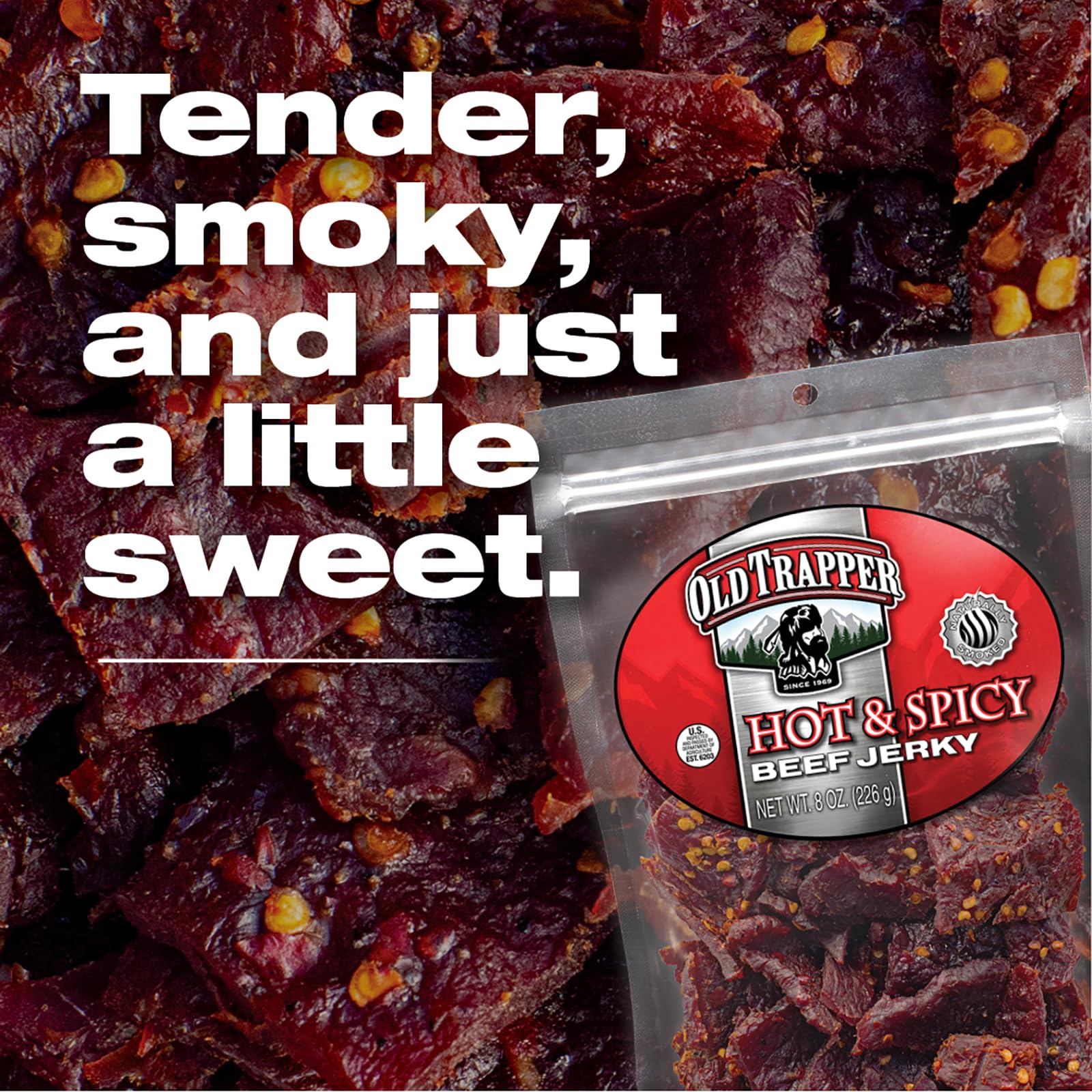 Old Trapper hot & spicy jerky on shelf display signaling bold flavor option.