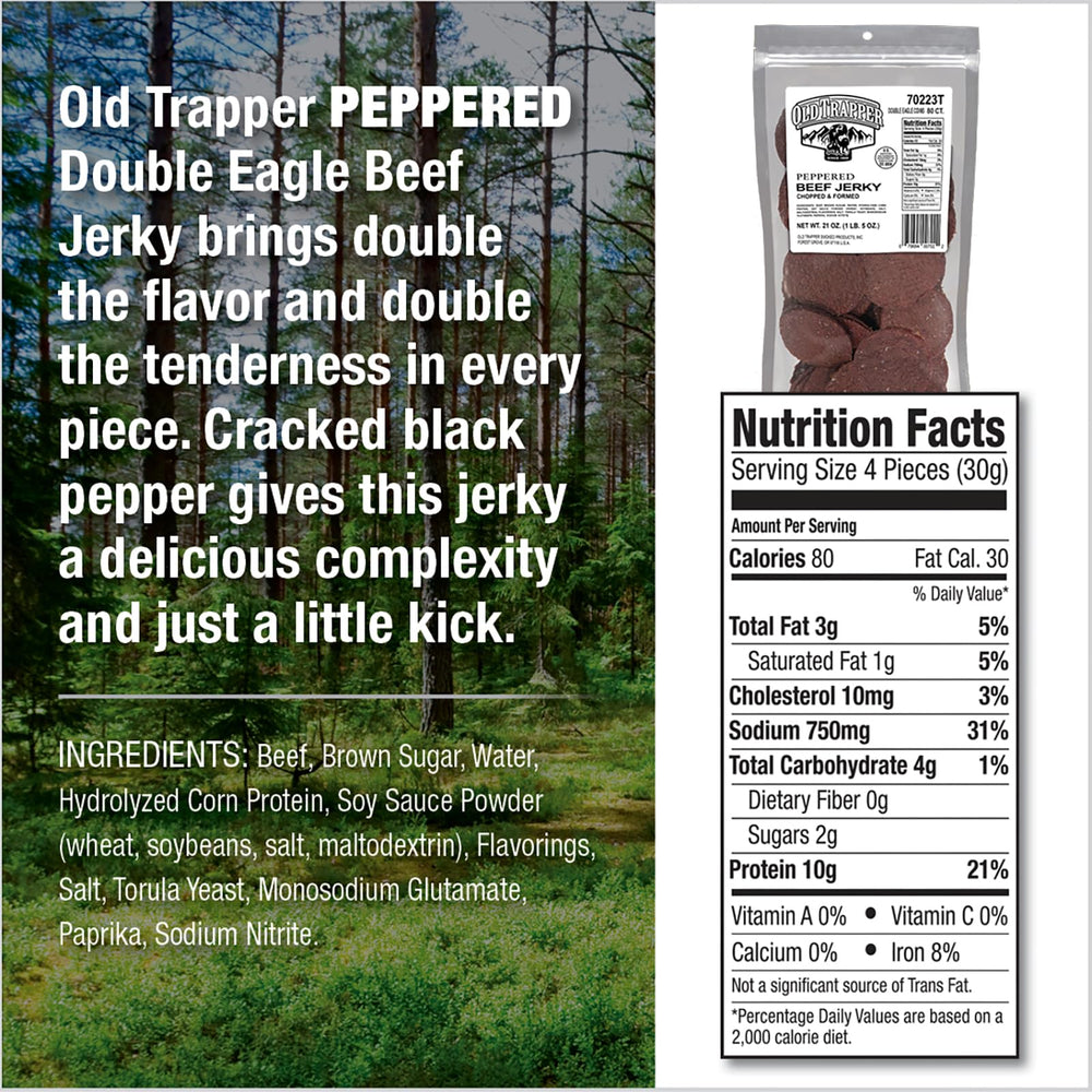 Old Trapper jerky close-up showing lean peppered slices for on-the-go protein.