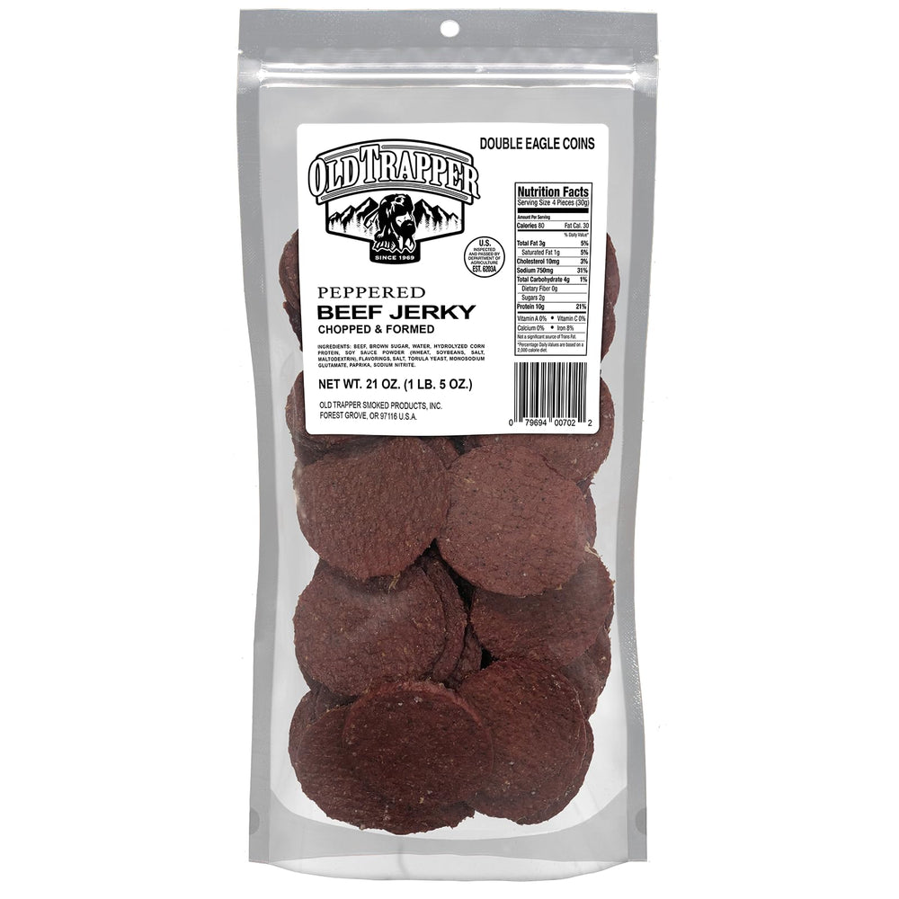 Old Trapper Peppered Double Eagle beef jerky, real wood smoked, premium flavor.