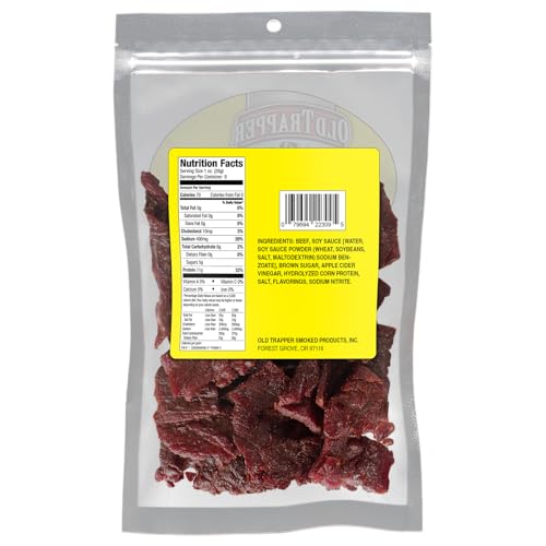 Old Trapper Teriyaki jerky close-up of sliced meat with smoky glaze