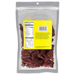Old Trapper Teriyaki jerky close-up of sliced meat with smoky glaze