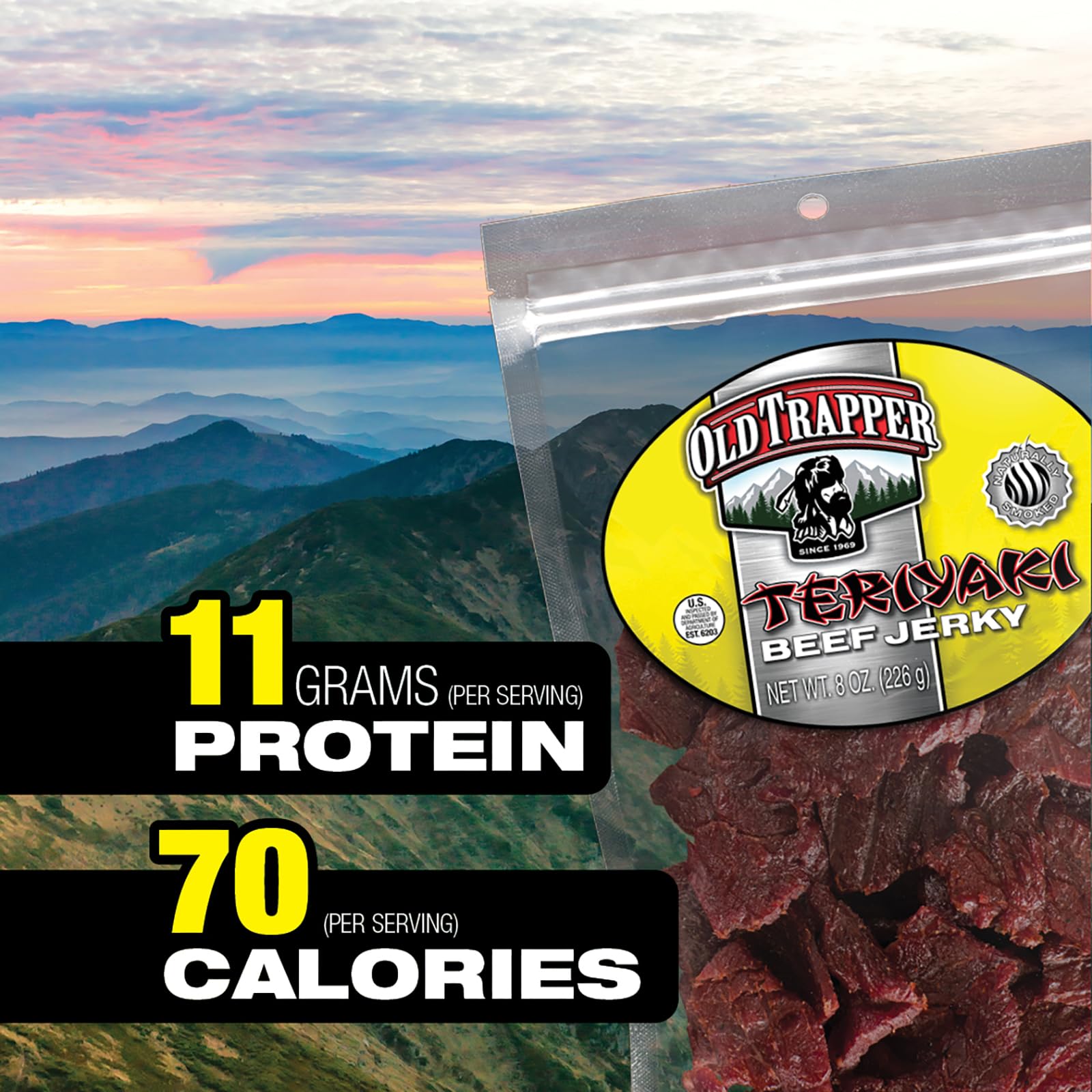 Old Trapper Teriyaki jerky outdoors snack for hiking or travel