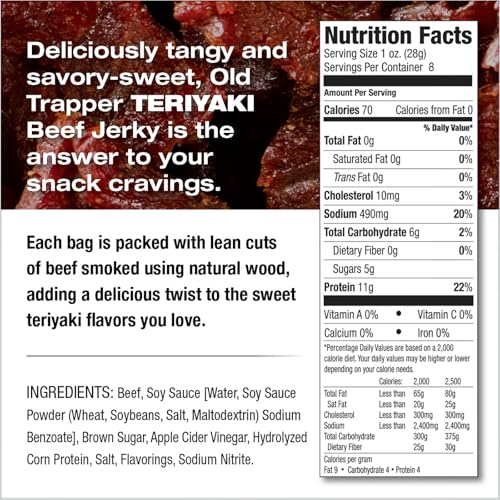 Old Trapper Teriyaki jerky texture detail shows tender, chewy meat
