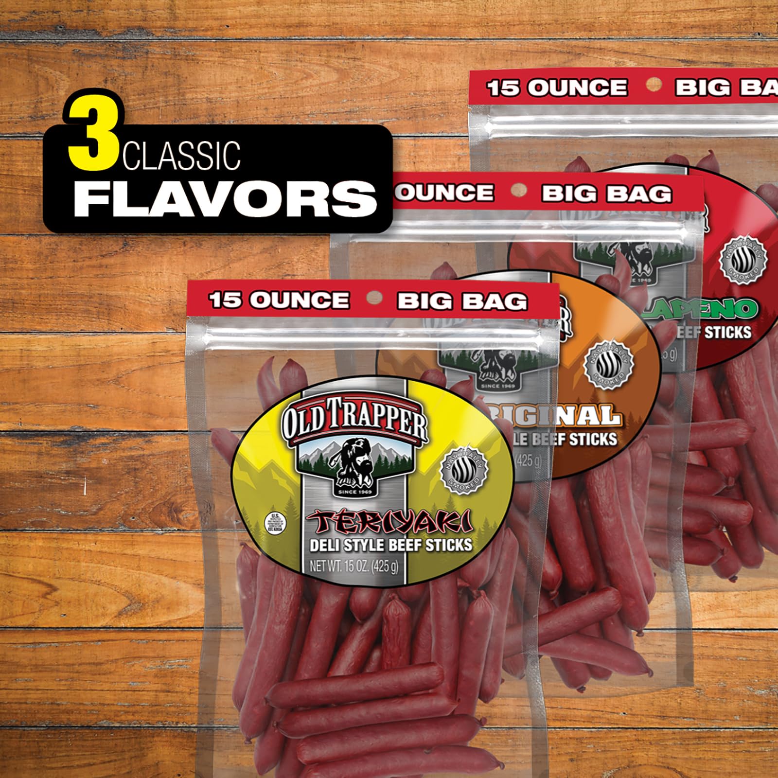 Old Trapper Teriyaki Deli-Style beef sticks snack-time scene showing savory cravings satisfied.
