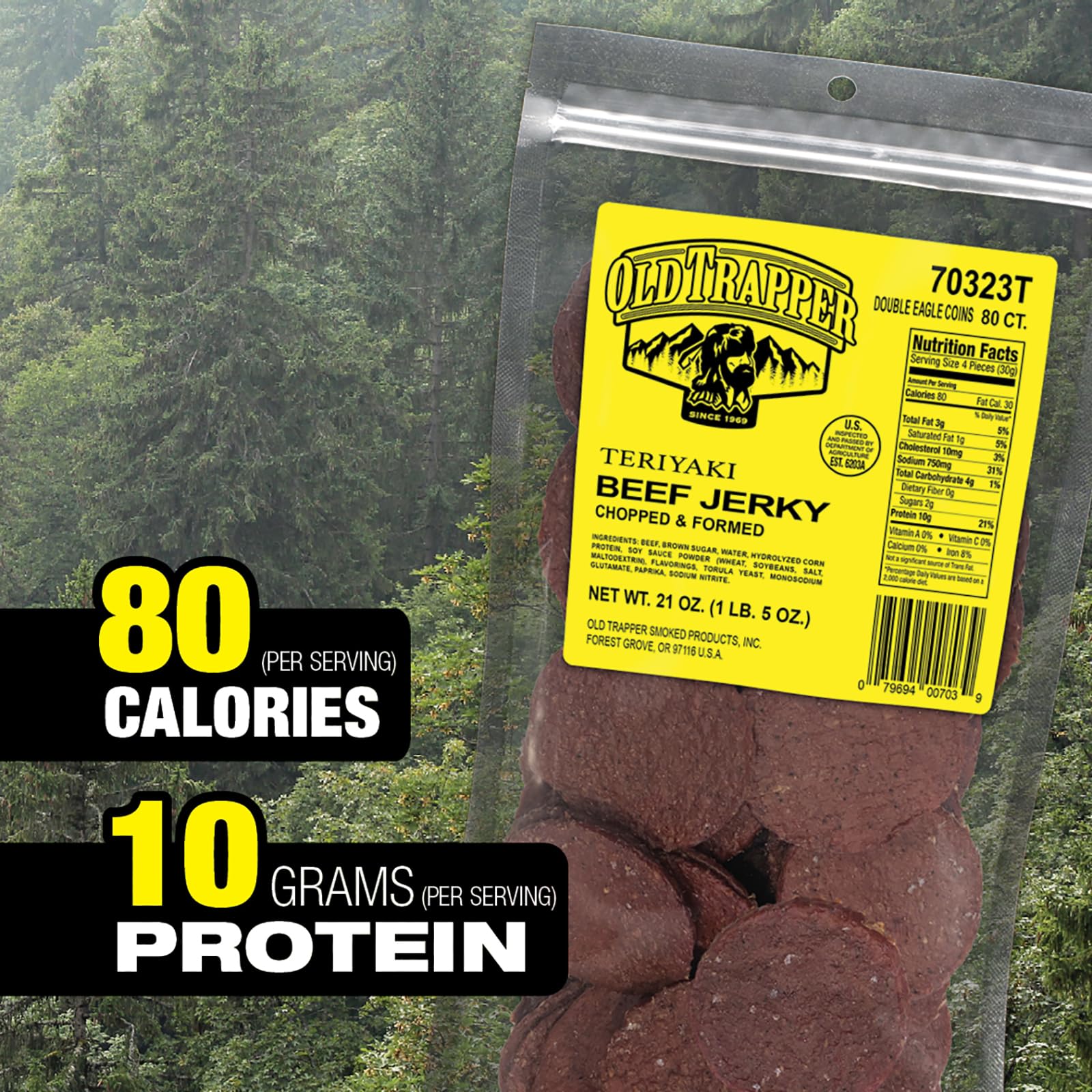 Old Trapper Teriyaki Double Eagle jerky packaging seal for easy reclosure.