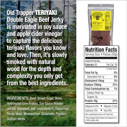 Old Trapper Teriyaki Double Eagle jerky slices displaying tender, glazed pieces.
