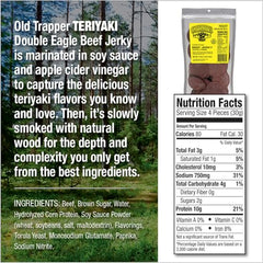 Old Trapper Teriyaki Double Eagle jerky slices displaying tender, glazed pieces.