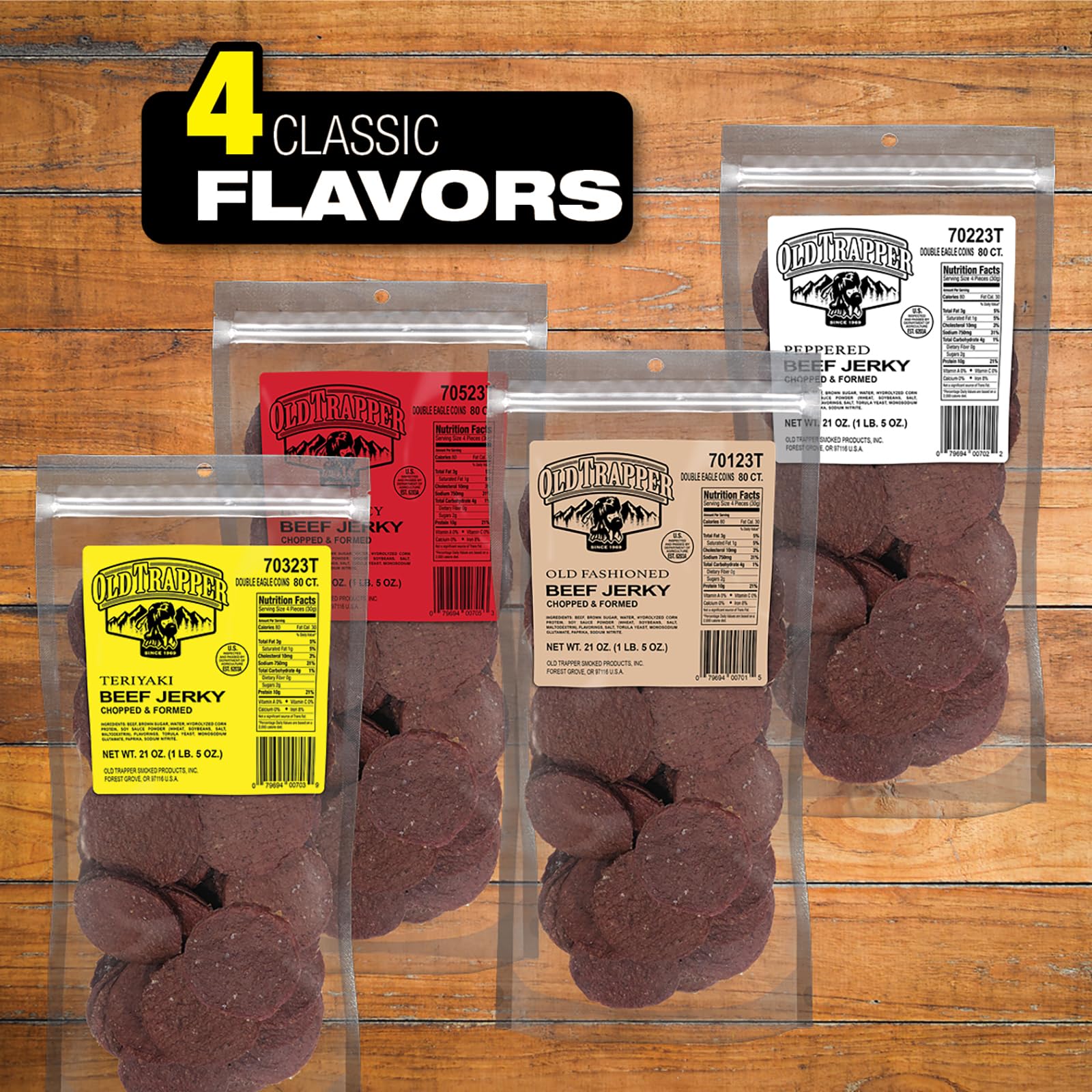 Old Trapper Teriyaki Double Eagle jerky smoke detail highlighting natural wood smoke.
